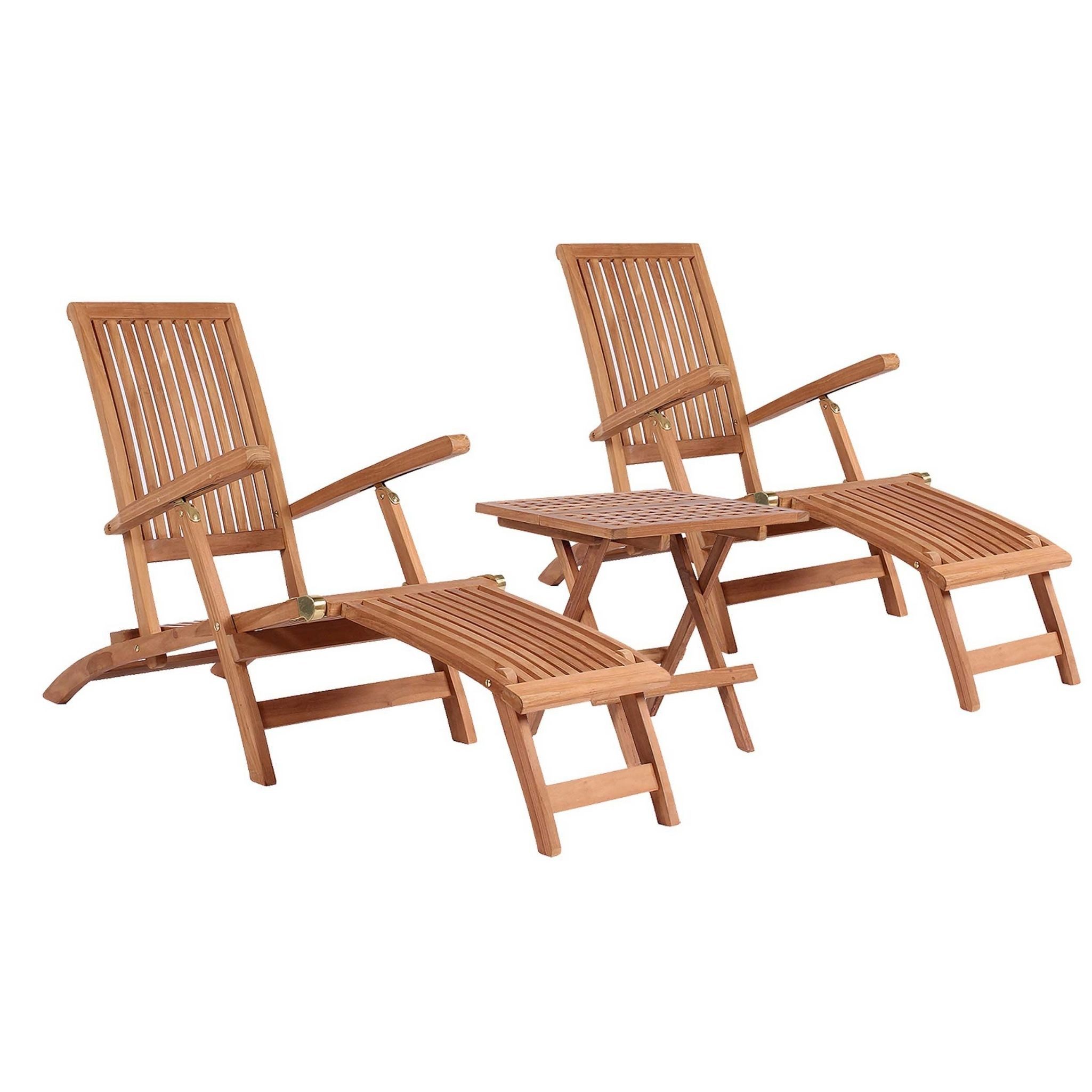 MR.DEKO Gartenliege Teak Deckchair Yacht & Beistelltisch Devon klappbar, 1x Beistelltisch Devon, 2x Deckchair Yacht