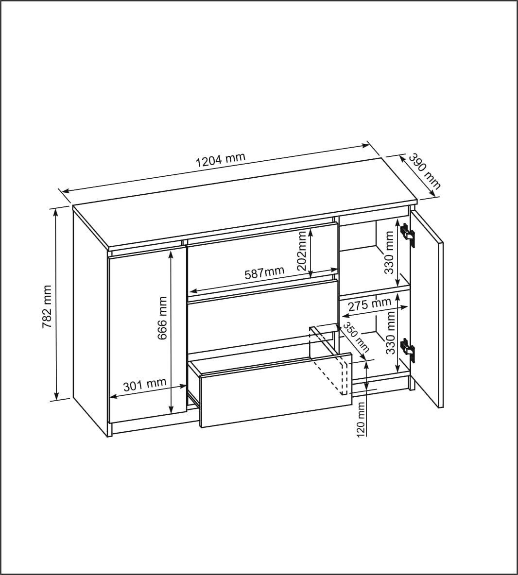 meble masztalerz Kommode Mit 2 Türen & 3 Schubladen, 120 cm – praktisch und modern gestaltet