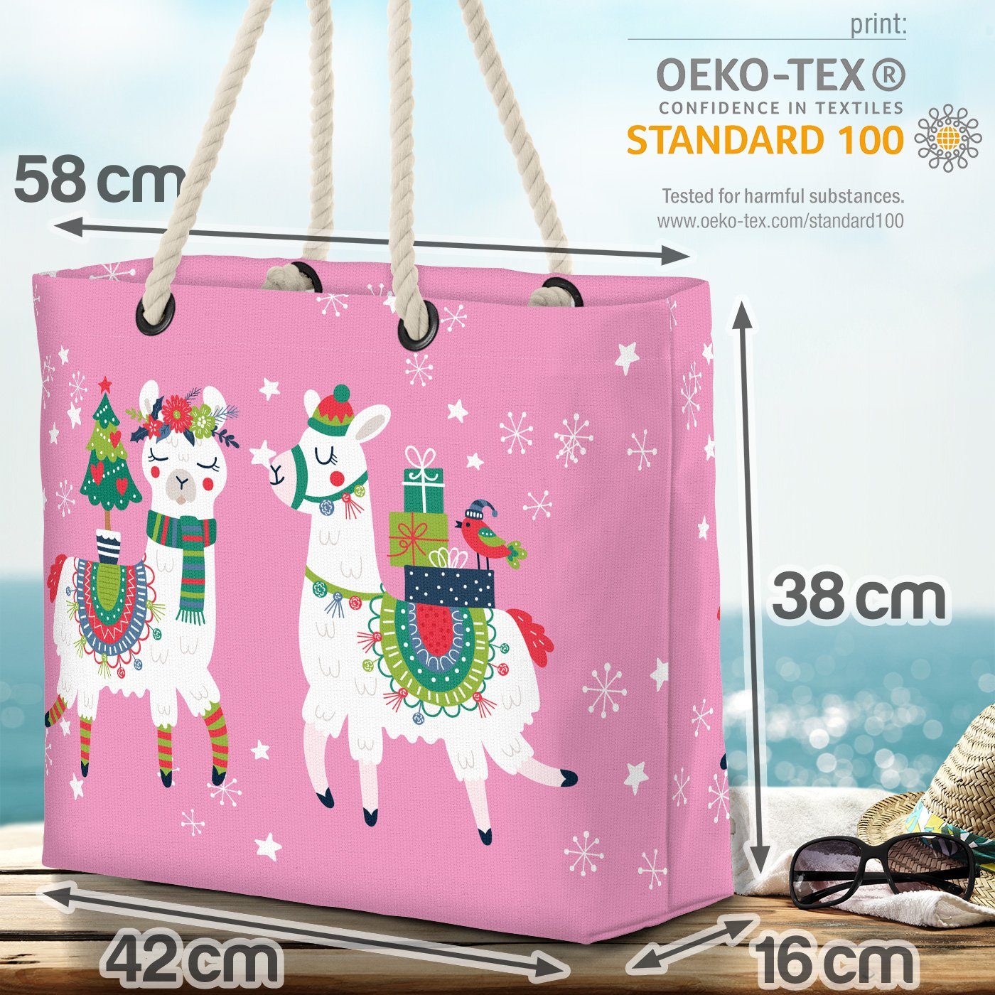 Winter Weihnachten VOID Strandtasche Mexiko Weihnachten rosa Lamas (1-tlg), Beach Lamas Bag Tan Christbaum