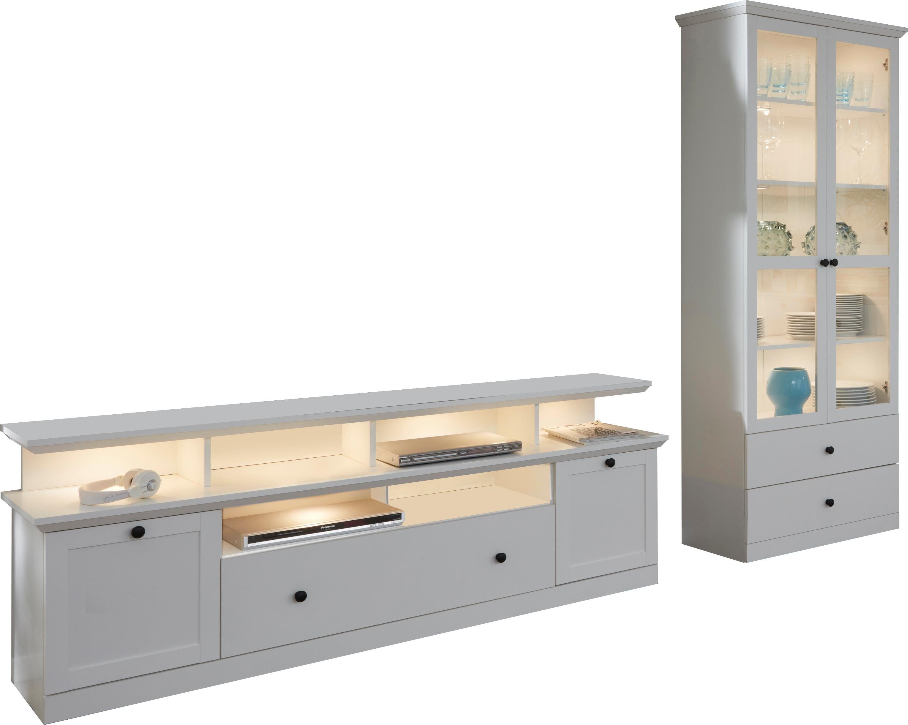 Home affaire Wohnwand Örebro, (Set, 2-St), zeitloser Landhausstil, mit Vollauszug, Beleuchtung optional