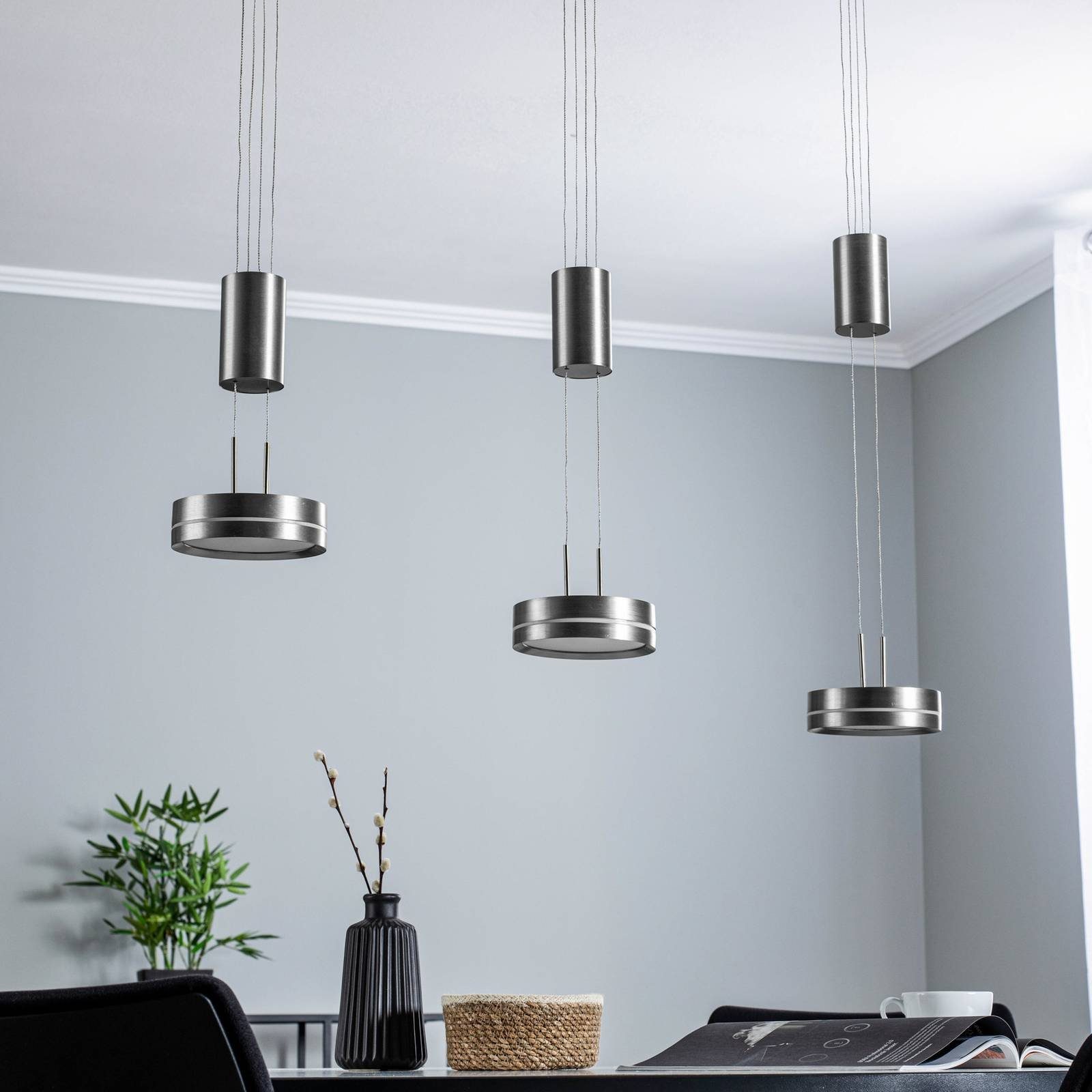 Lindby LED-Hängeleuchte Eilika, dimmbar, LED-Leuchtmittel Modern, Aluminium, 3 Metall, verbaut, warmweiß, flammig, fest matt, Acryl, inkl. nickel