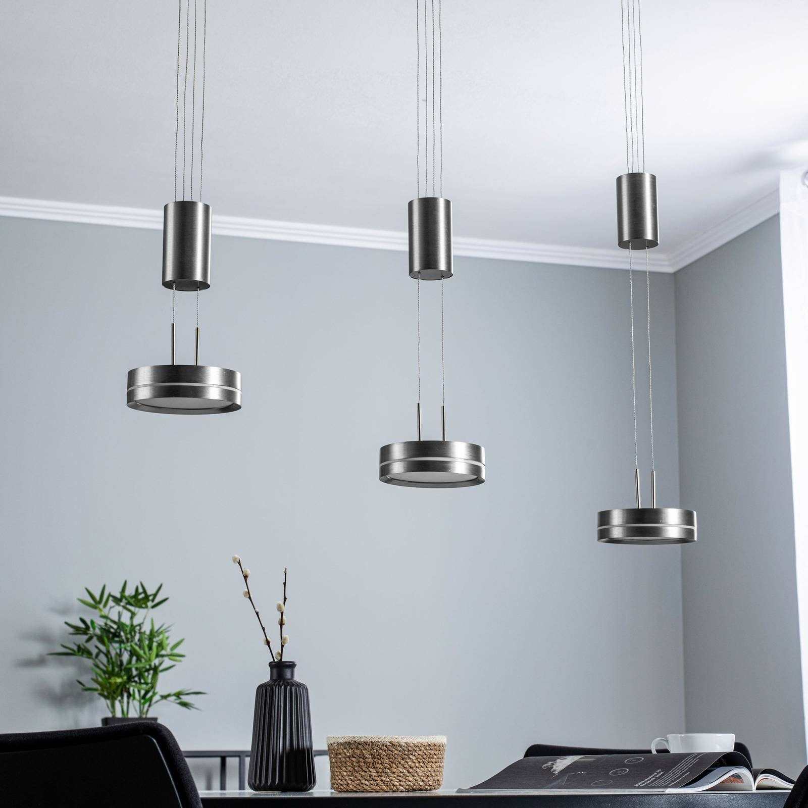 Lindby LED-Hängeleuchte Eilika, dimmbar, LED-Lampen, warmweiß, Modern,  Metall, Aluminium, Acryl, nickel matt, 3 flammig, inkl.