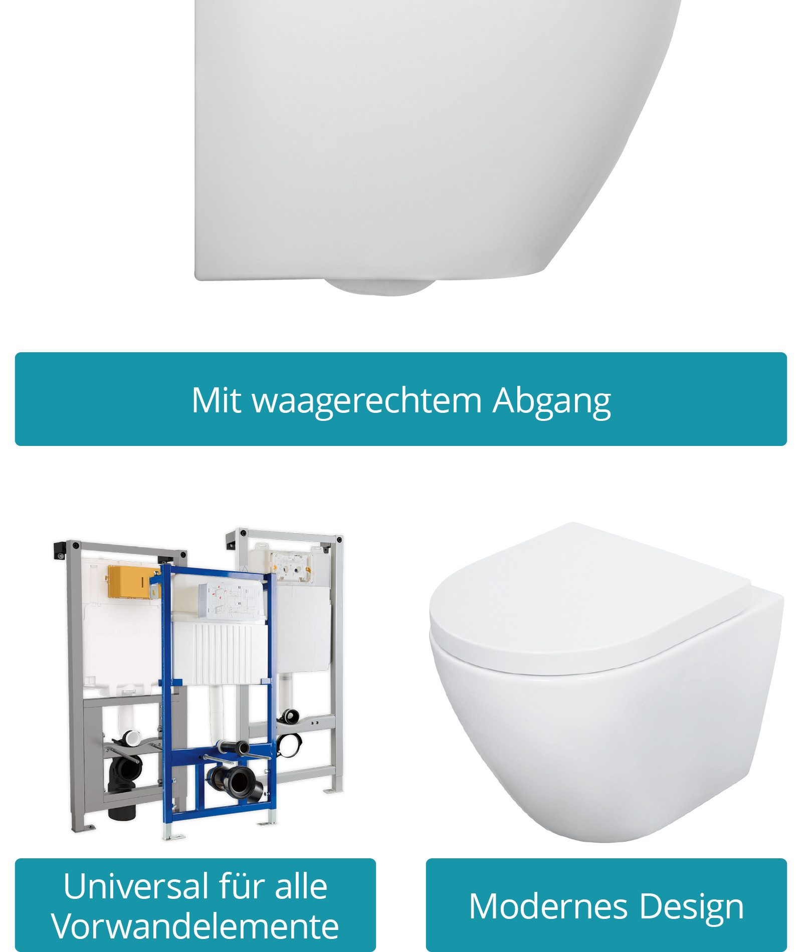 Calmwaters Tiefspül-WC Raumspar-WC spülrandlos, wandhängend, Abgang Waagerecht, Set mit WC-Sitz, Weiß, verkürzt 45 cm, Absenkautomatik, Duroplast, 08AB6159