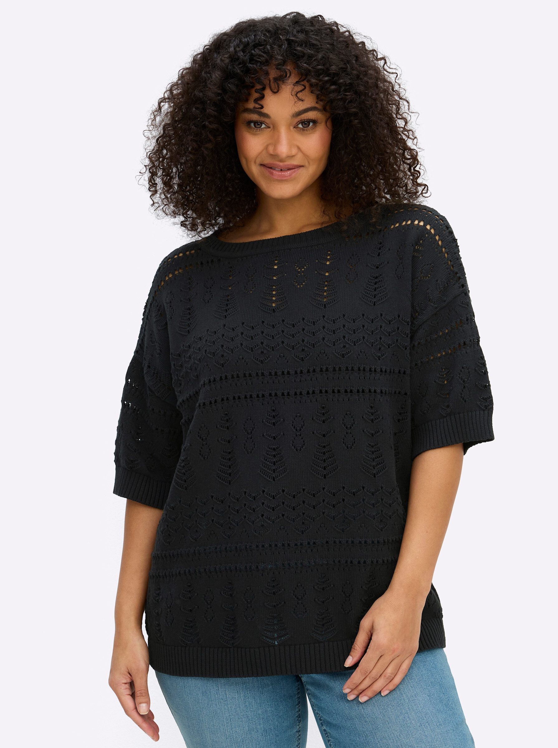 Sheego Strickpullover Kurzarm-Pullover Kurzarm Ajour günstig online kaufen