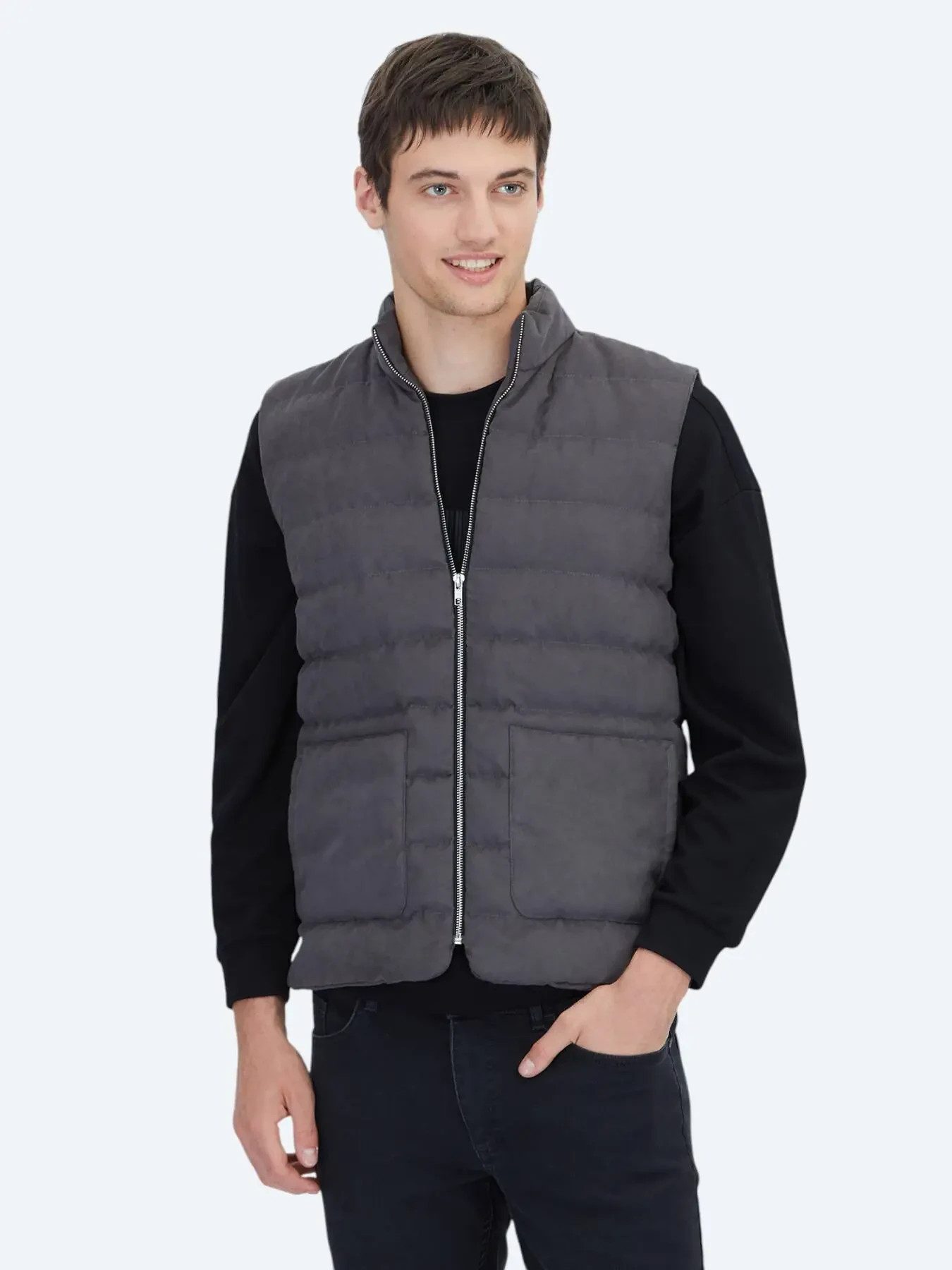 KİP Langmantel Grau Regular Fit Rollkragen Freizeit Web Puffer Weste