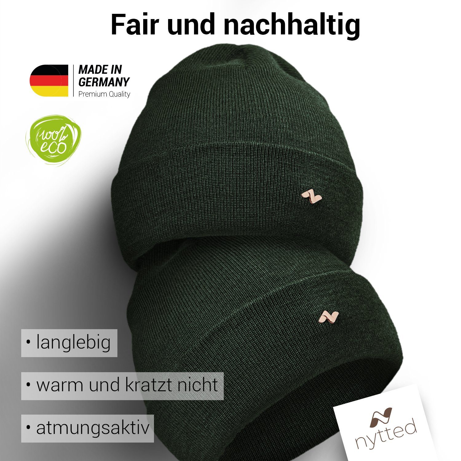 - & Merino-Wolle - oliv Germany 100% in NYTTED® Made - Damen Beanie für Herren Wintermütze