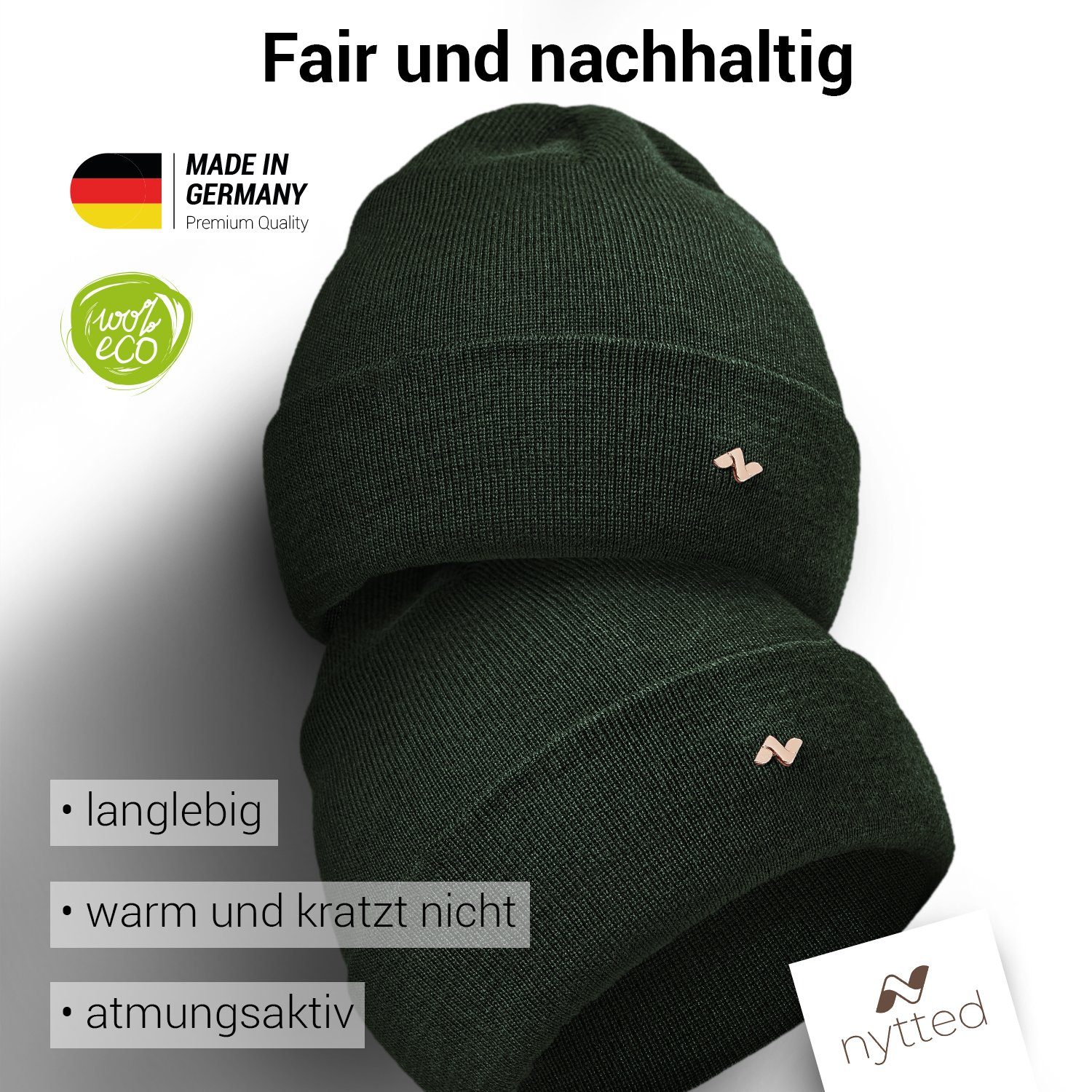 & - Merino-Wolle - Germany Herren NYTTED® Made für 100% - oliv Damen Beanie in Wintermütze