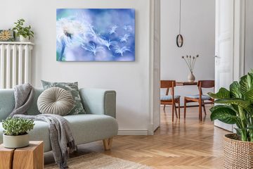 Sinus Art Leinwandbild 120x80cm Wandbild auf Leinwand Pusteblume Fotokunst Blau Nahaufnahme B, (1 St)
