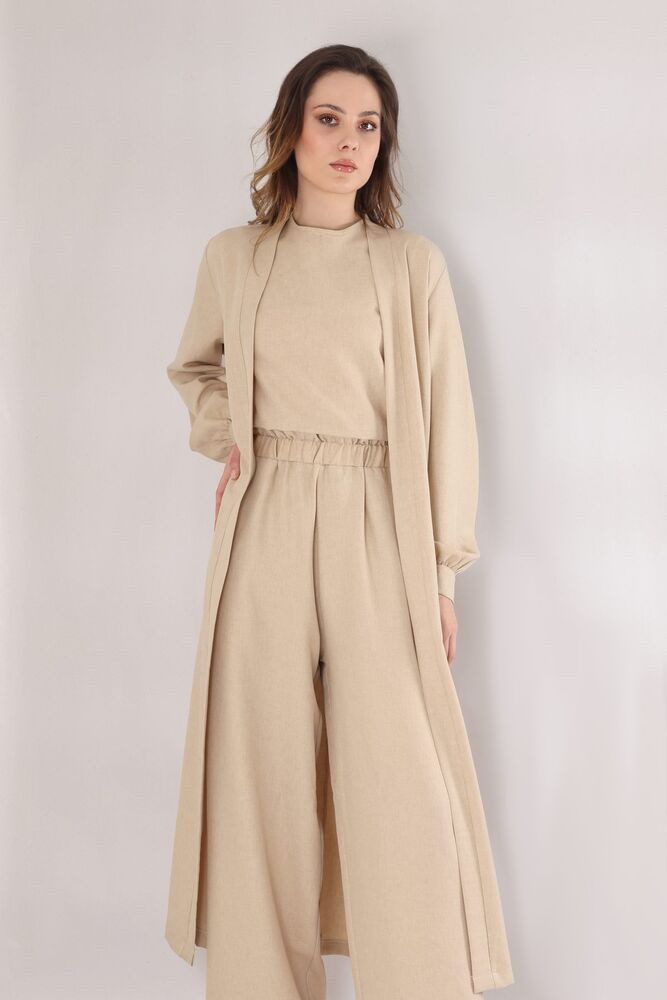 fashionshowcase Blusenkimono Langer Damen Cardigan in Leinenoptik mit Gürtel Langärmlig, Oversize Schnitt