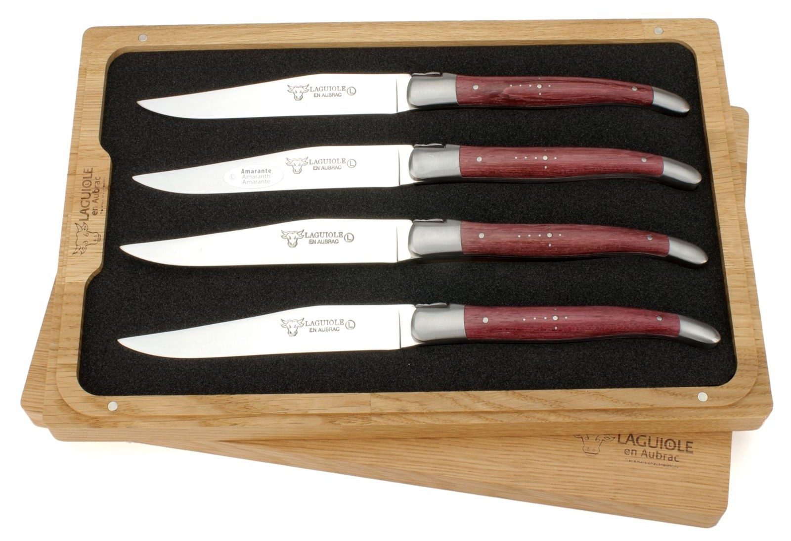 Laguiole en Aubrac Steakmesser 42C99ATIH 4er Set - Griff Amaranth - Backen matt - Klinge glänzend - Holzbox