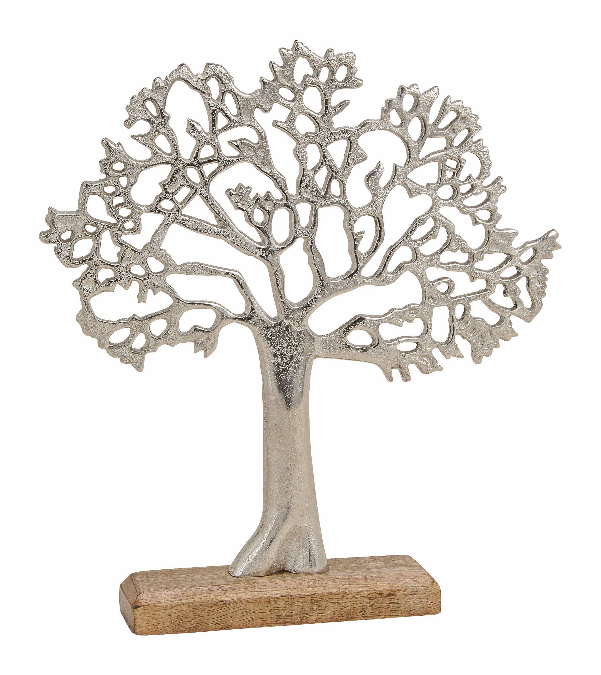 Spetebo Dekoobjekt Aluminium Lebensbaum mit Holz Standfuß - 33x30 cm, Metall Baum auf Mangoholz