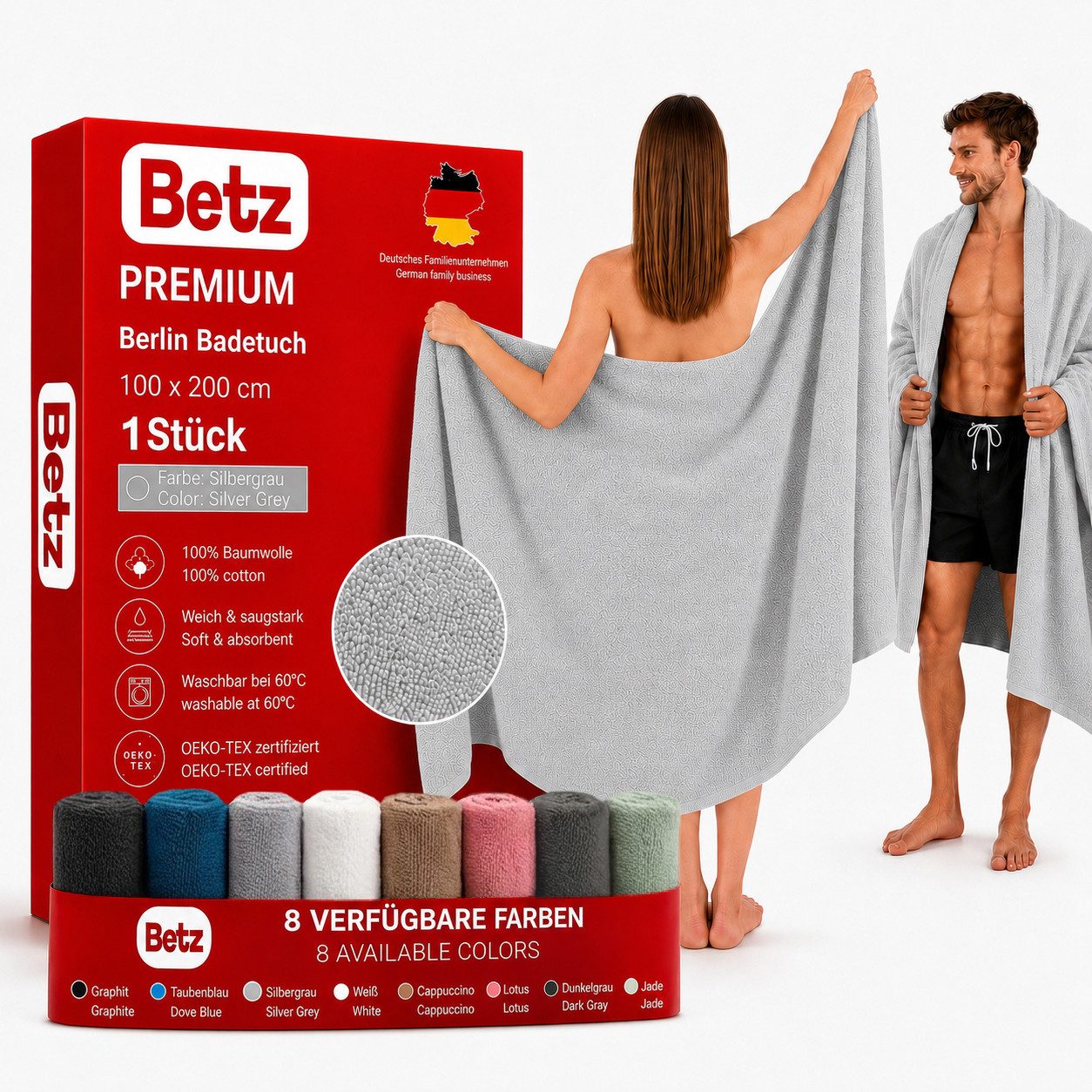 Betz Badetuch Berlin Größe 100 x 200 cm Saunatuch & Strandtuch 360 g/m², 100% Baumwolle (1 Stück, 1-St), saugstark & weich – großes Handtuch mit Aufhänger – Serie Berlin