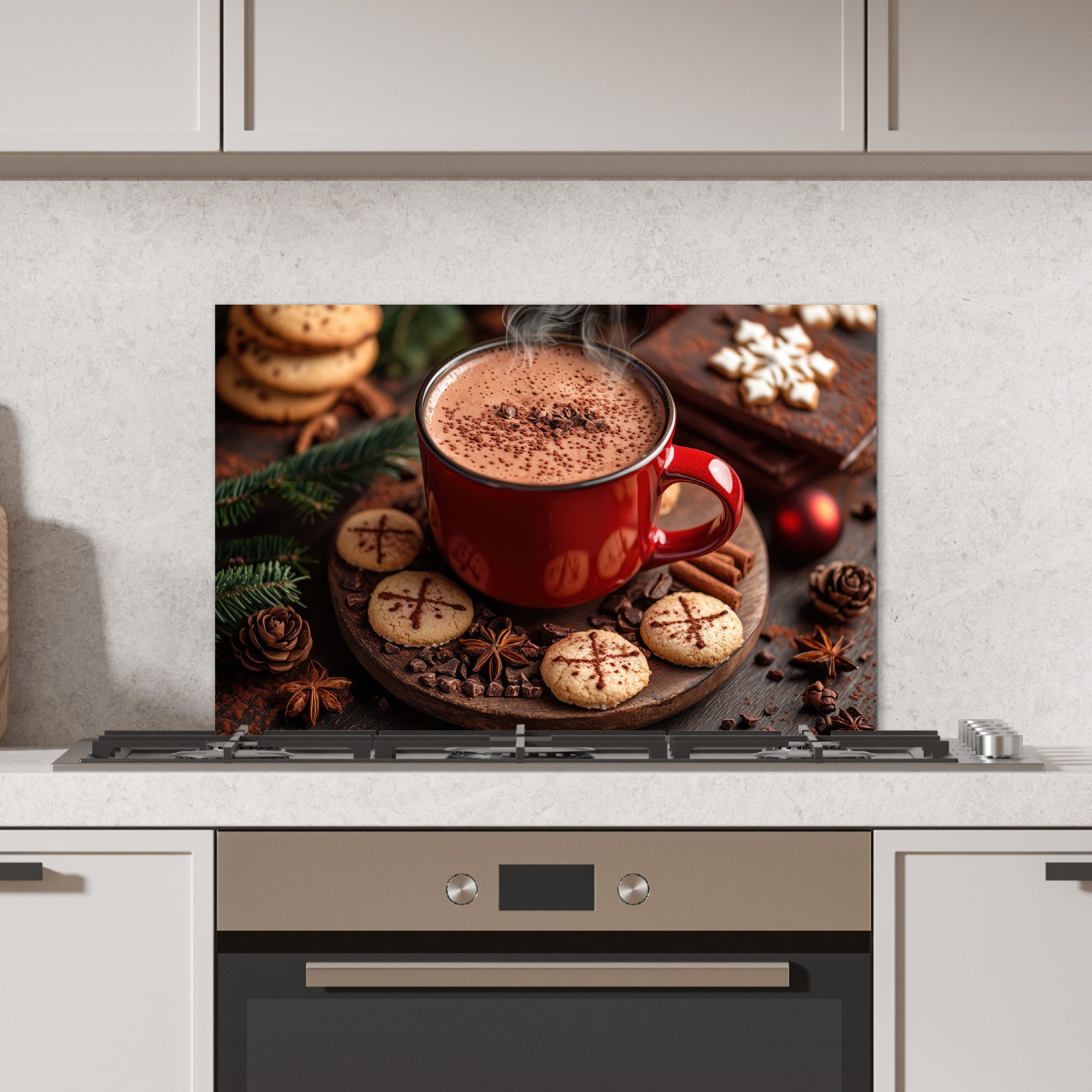 KitchenYeah Küchenrückwand Schokoladenmilch - Becher - Winter - Weihnachten - Gemütlichkeit, (1-tlg), Spritzschutz Küchenwand hinter Herd, 70x50 cm