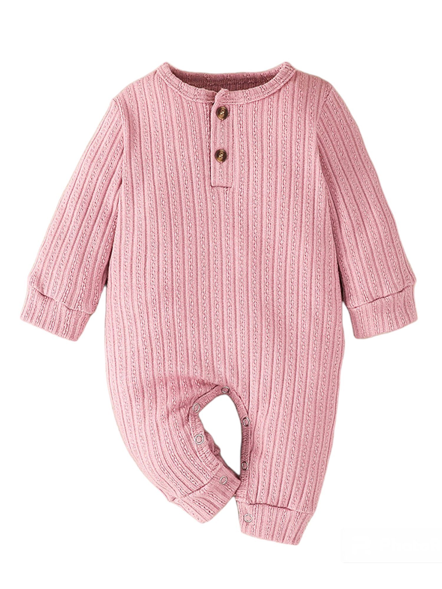 Lapastyle Strampler Einfarbiger langärmliger Strampler mit Knopfverschluss für Unisex Baby Jersey Anzug Rosa