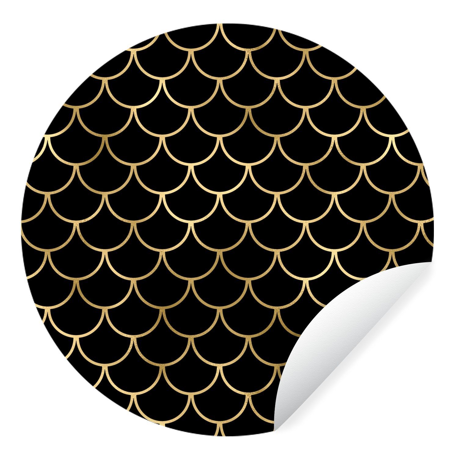 MuchoWow Wandsticker Muster - Fisch - Gold - Schwarz (1 St), Tapetenkreis für Kinderzimmer, Tapetenaufkleber, Rund, Wohnzimmer