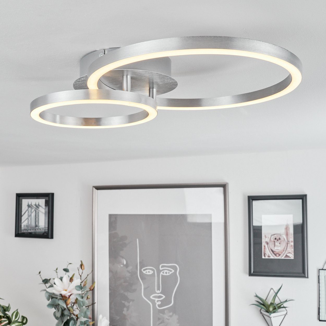 hofstein Deckenleuchte »Ferrandina« Deckenlampe aus Metall/Kunststoff in Nickel-matt/Weiß, 3000 Kelvin, verstellbare Leuchte mit 2 Lichtringen, 18 Watt, 900 Lumen