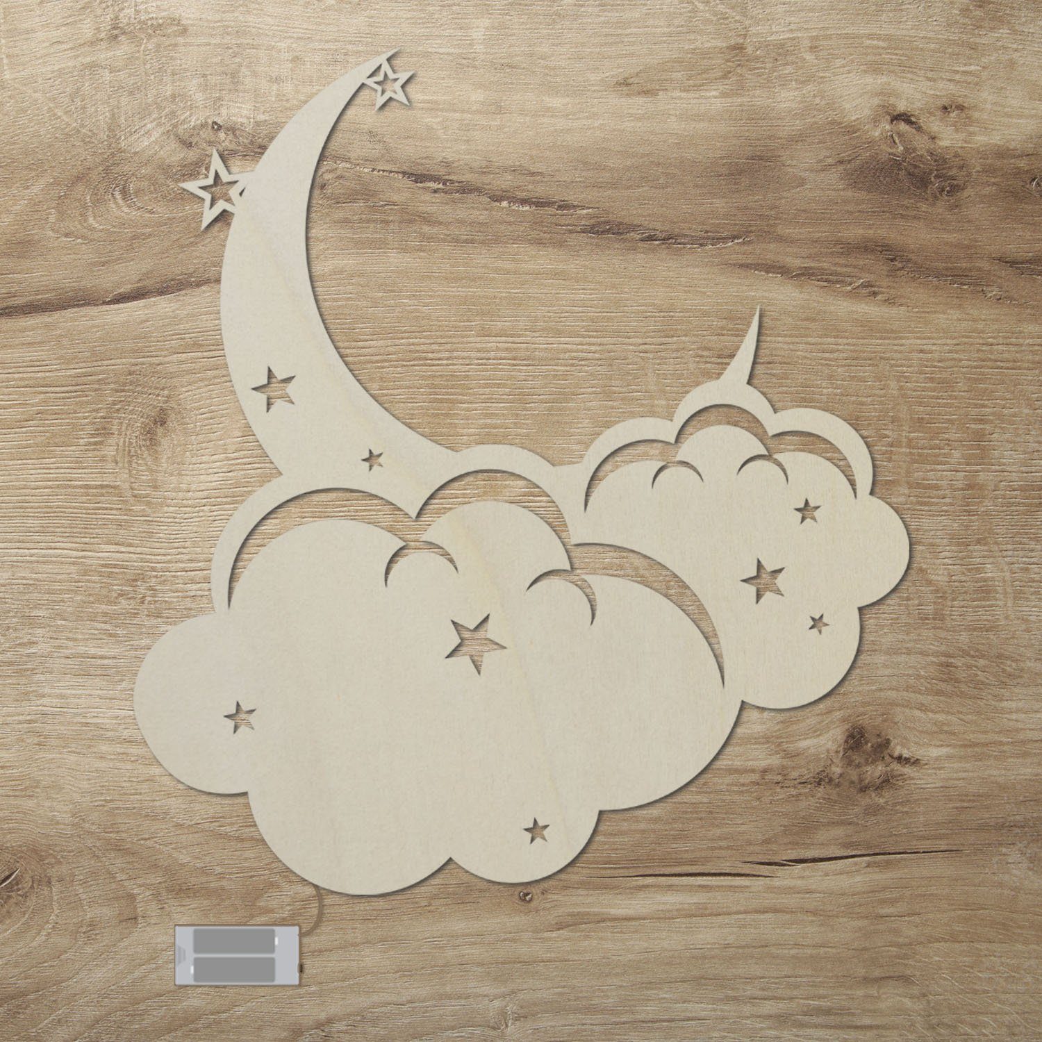 Namofactur LED Dekolicht Wandlampe Mond Wolken Holz Wand Deko Lampe für Kinder I Kinderzimmer, Ohne Zugschalter/Stern, LED fest integriert, Warmweiß