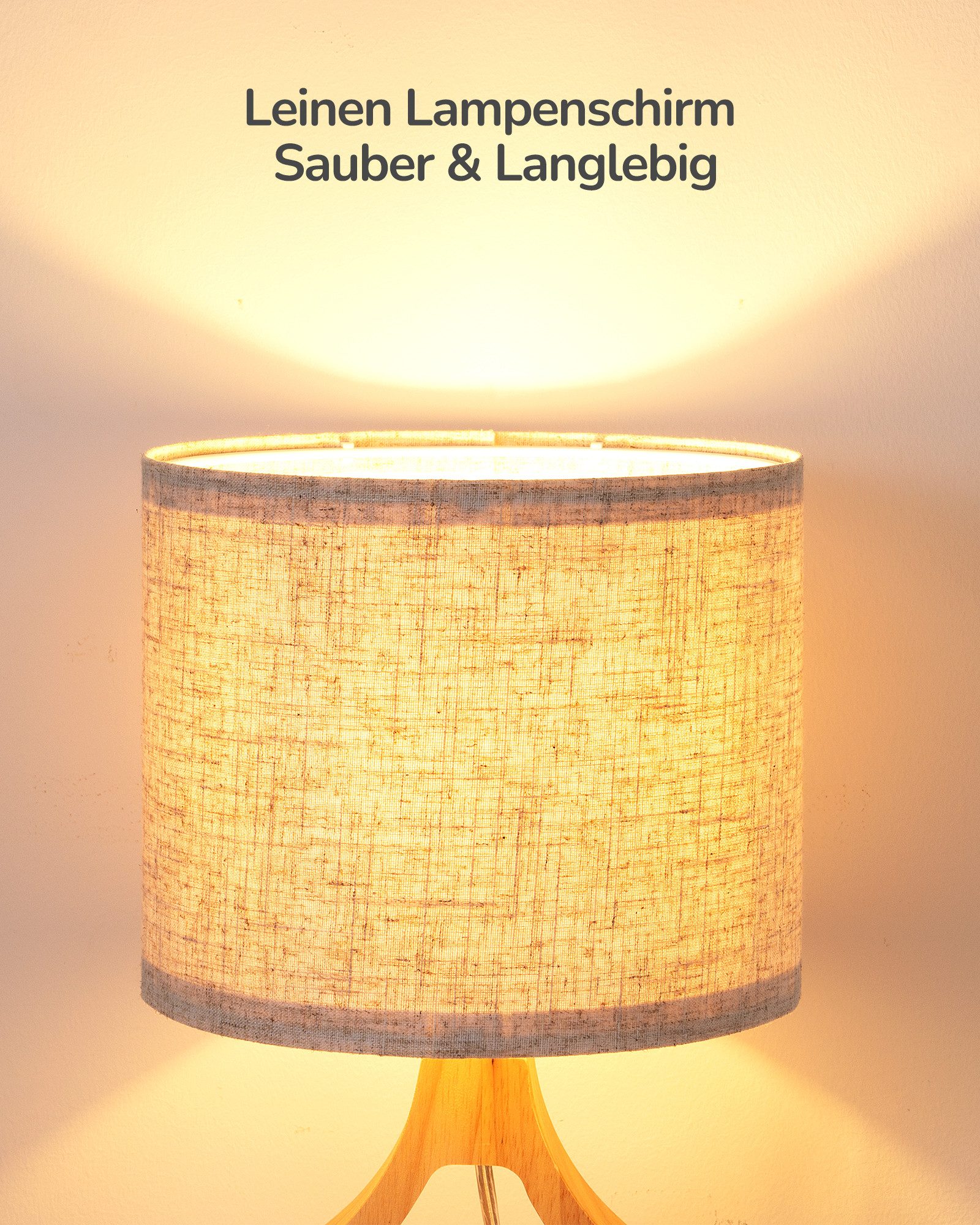 EDISHINE Nachttischlampe Höch 34cm Holz, Holzdeko, LED wechselbar, warmweiß, Lampe mit Ein-/Ausschalter, E27 Fassung mit 2700K LED-Glühbirne
