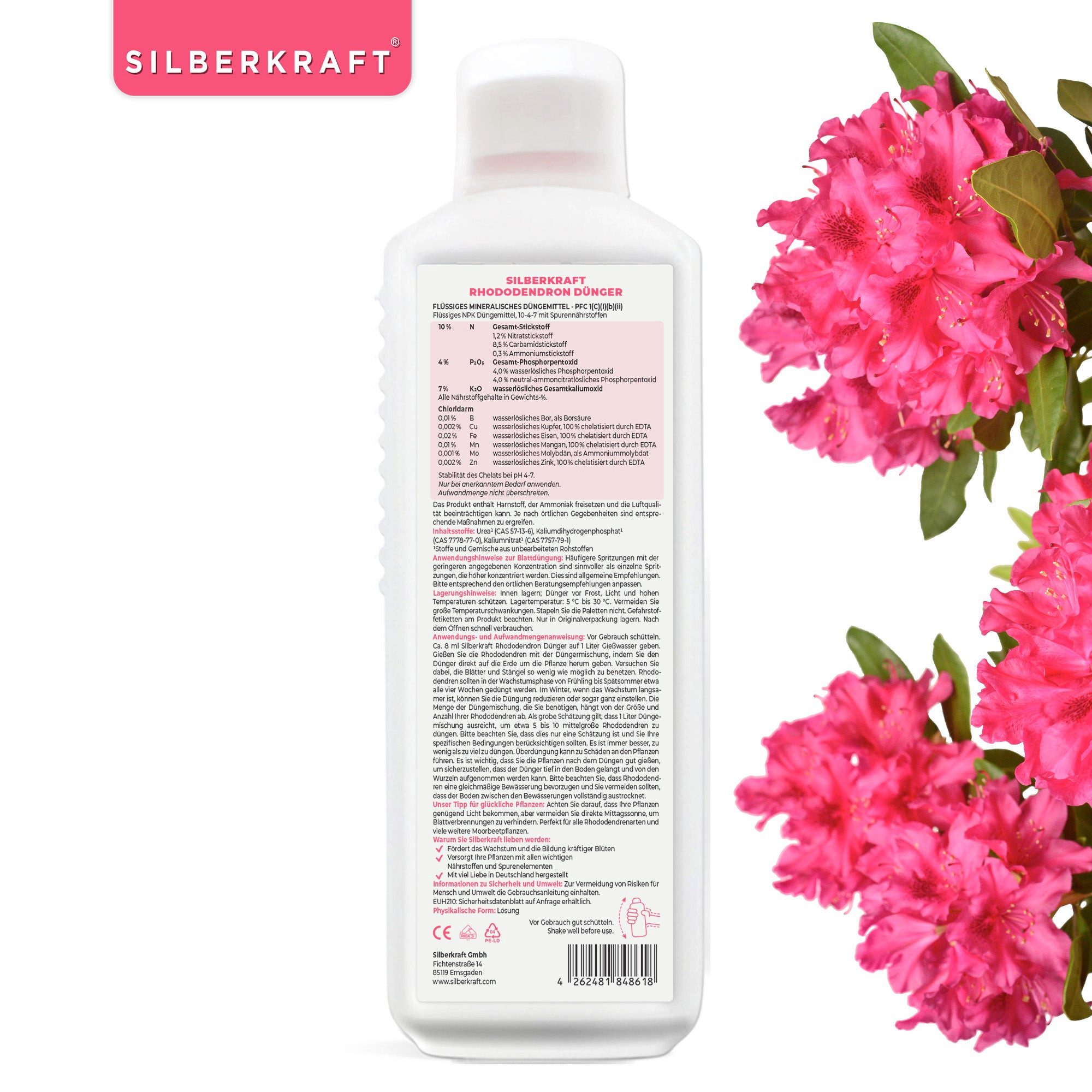 Silberkraft Pflanzenstärkungsmittel Rhododendron Dünger - Mineralischer NPK Flüssigdünger mit Stickstoff, 1 L, Spezialdünger für Rhododendren, Azaleen, Hortensien & Kamelien, Für kräftige Wurzeln, sattes Blattgrün & reiche Blütenbildung