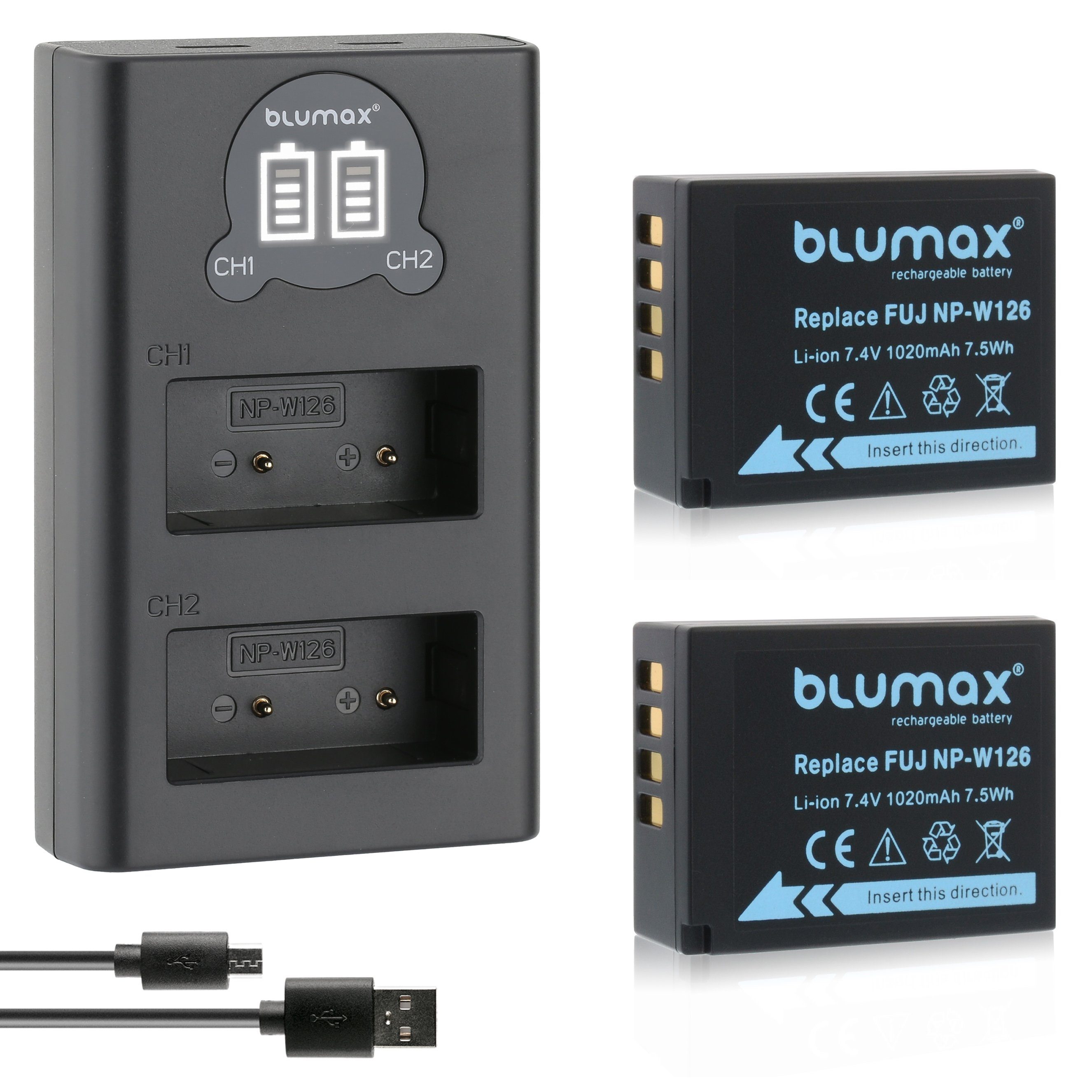 Blumax Set NP-W126 Fuji (7,2V) mAh mit Lader für Kamera-Akku 1020