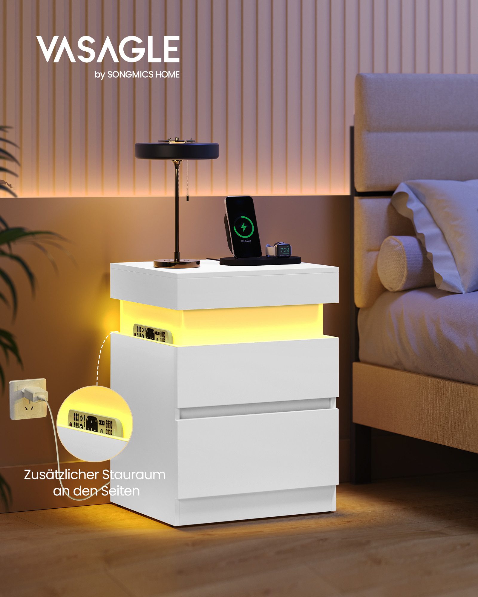 VASAGLE Nachttisch mit Steckdosen, Schiebedeckel, 2 Schubladen und LED-Beleuchtung, moderner Beistelltisch, 1er/2er Set