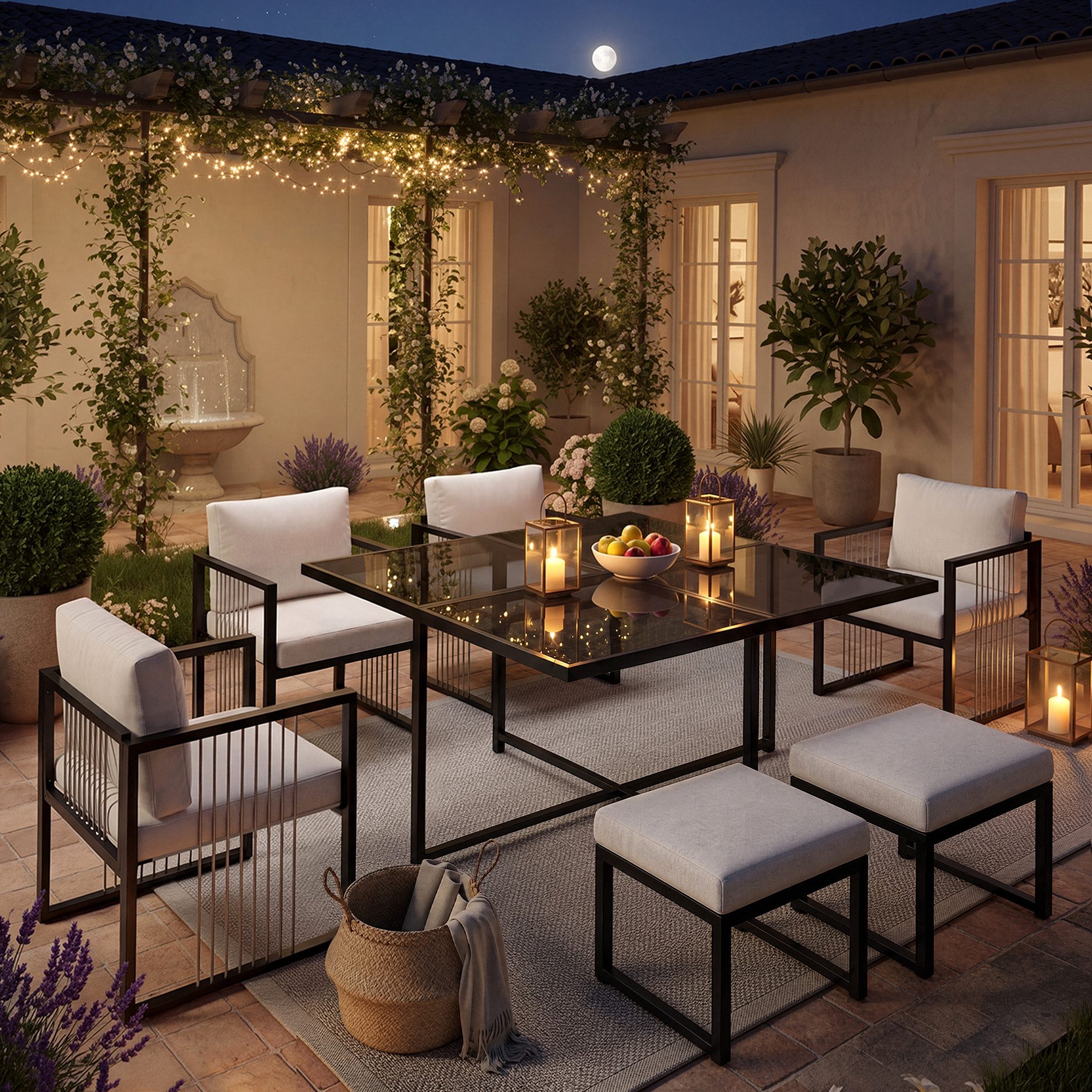 Flieks Garten-Essgruppe, (7-tlg), 6-Sitzer Gartenmöbel Esstisch- und Stuhlset mit Stuhl aus Seil