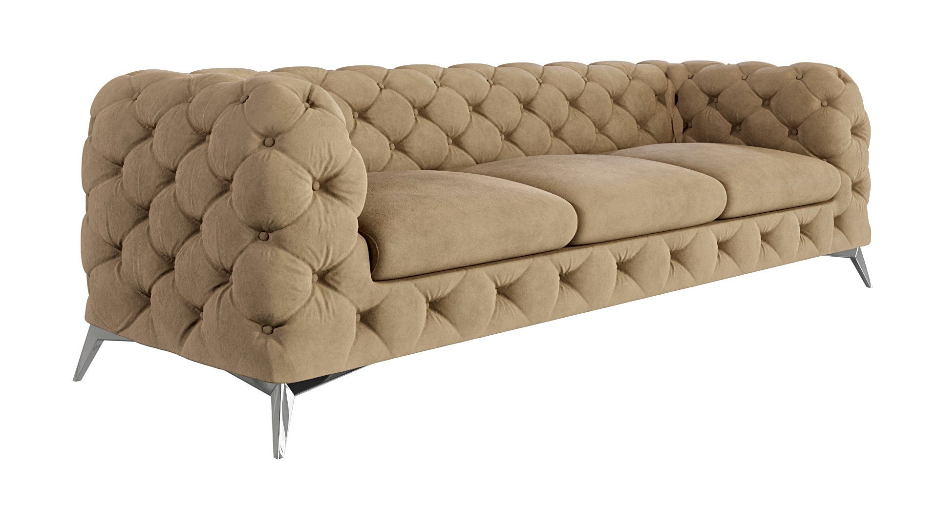 Füßen, Sofa Möbel Kalina Silber Wellenfederung Beige Metall mit S-Style 3-Sitzer mit Chesterfield