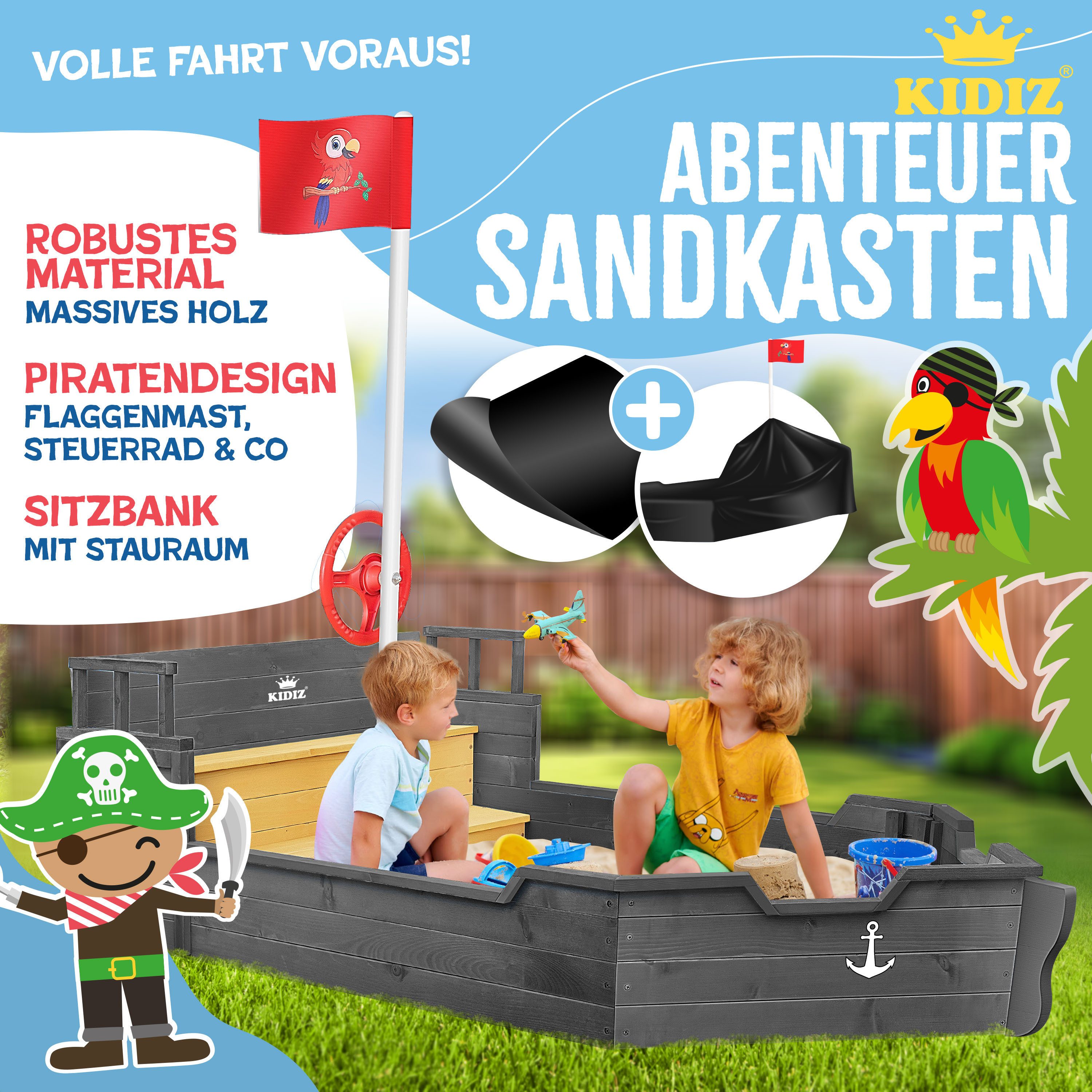 KIDIZ Sandkasten, Sandkasten Ahoi Piratenschiff Boot Segelschiff aus Holz