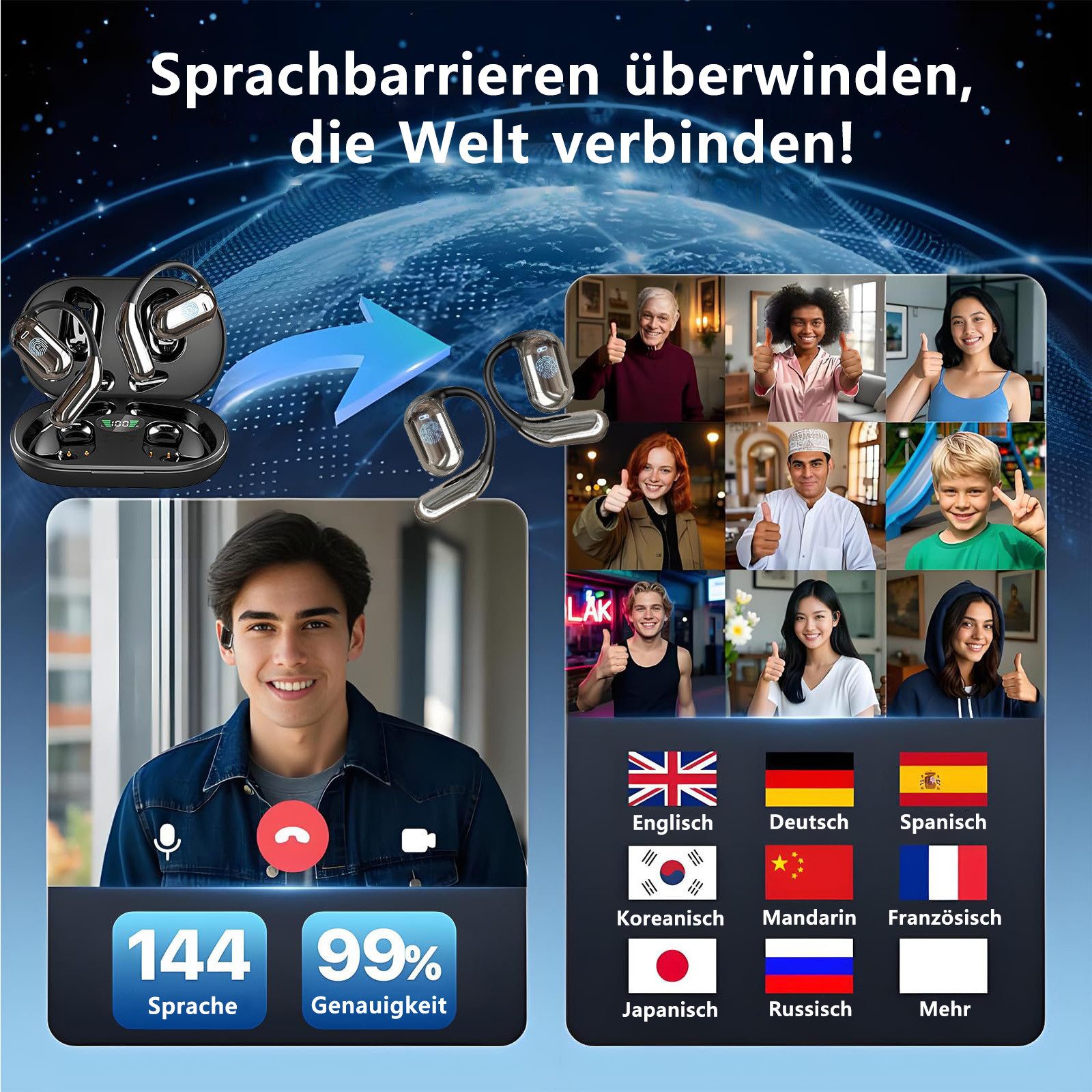 MOPUEA Bluetooth Kopfhörer Übersetzungs Kopfhörer Open-Ear-Kopfhörer Open-Ear-Kopfhörer (Clip-on Sport-Kopfhörer, Bluetooth 5.4, Offenes Ohrclip-Design, IPX7 Wasserdicht, Echtzeit-Übersetzung in 144 Sprachen, Ohrhörer Übersetzergerät für Übung, Büro, Alltag, Arbeit, Reisen)