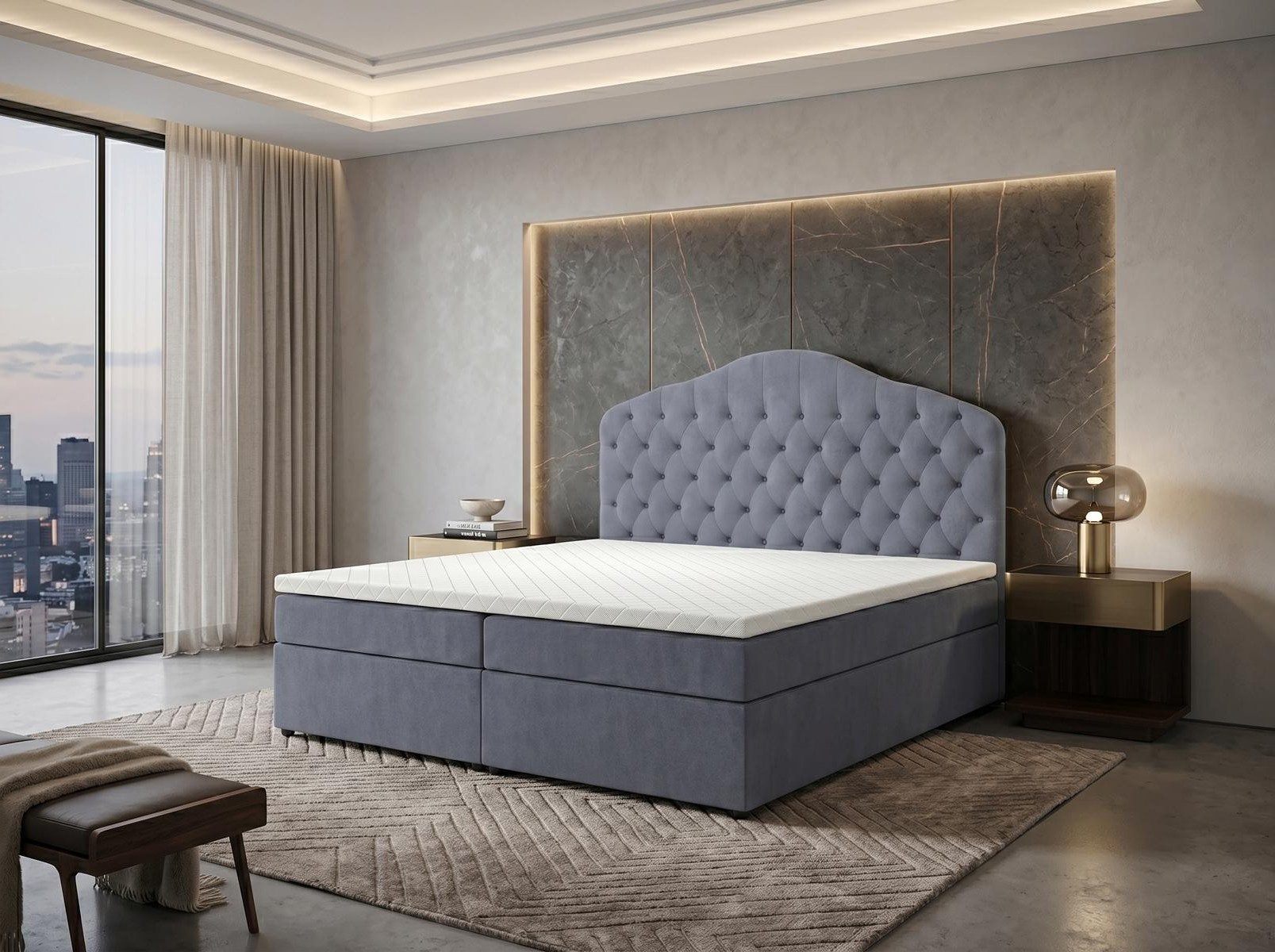 Xlmoebel Boxspringbett Geräumiges graues Boxspringbett mit weicher Polsterung, Made in Europa
