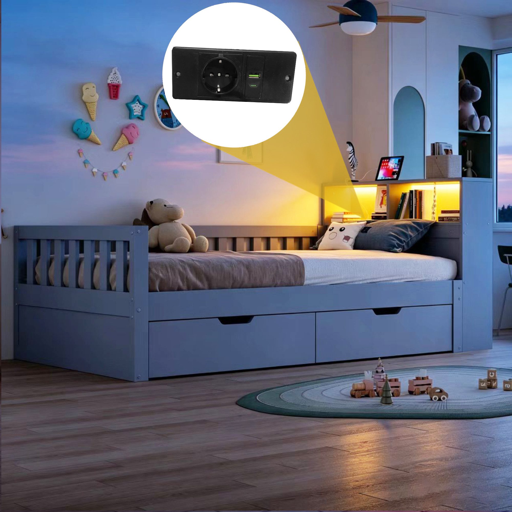 Flieks Holzbett, Kinderbett Einzelbett 90×200cm mit Schubladen, Lichtleiste, Aufladen