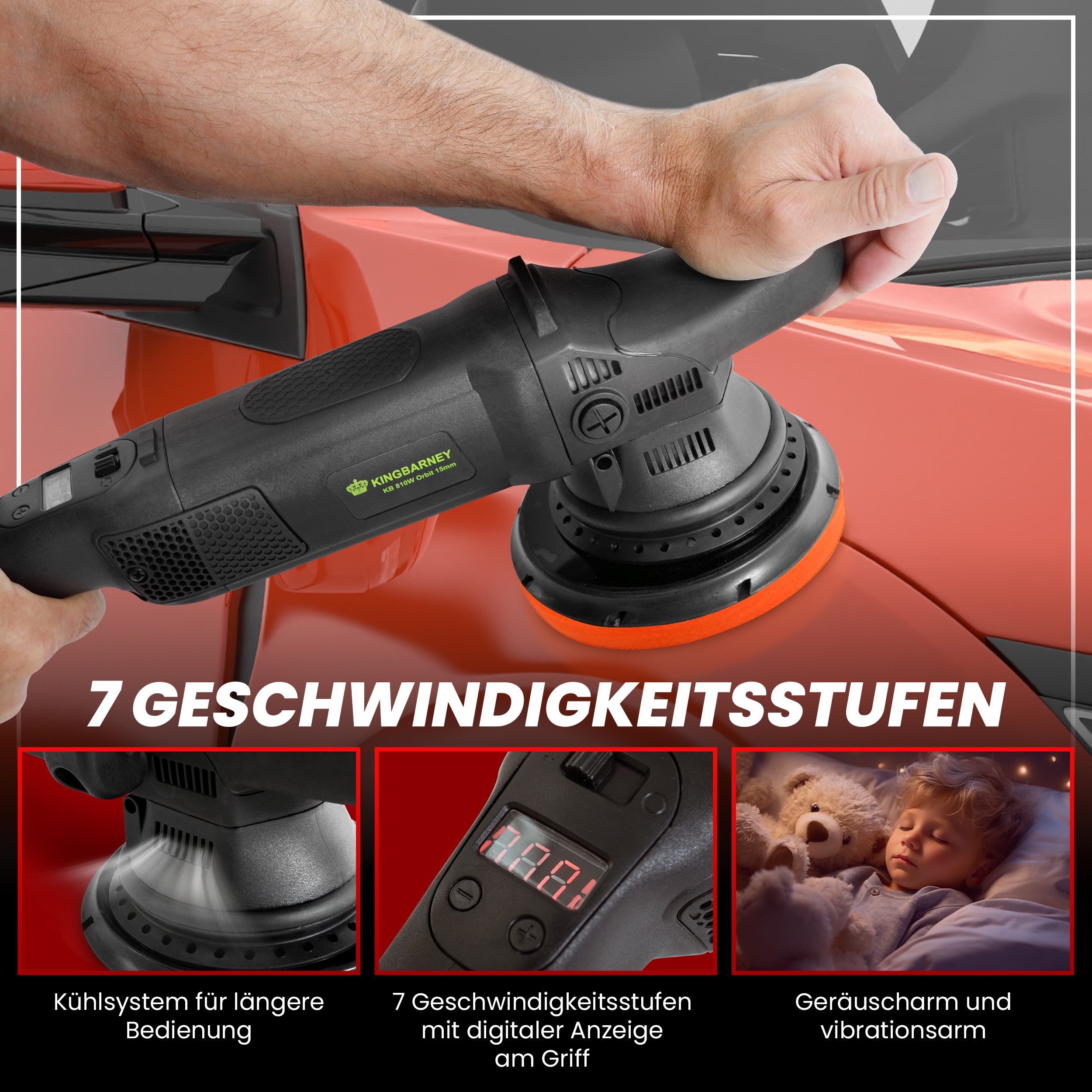 Duke-Handel Eccentric Polisher, Car Polisher, Sander, 810 Watt, 15 mm Stroke (M), 1650 min. RPM, 4800 max. RPM, (Set, 25 pcs., incl. extensive polishing and sanding accessories), without battery and charger, polisher for right- and left-handed users