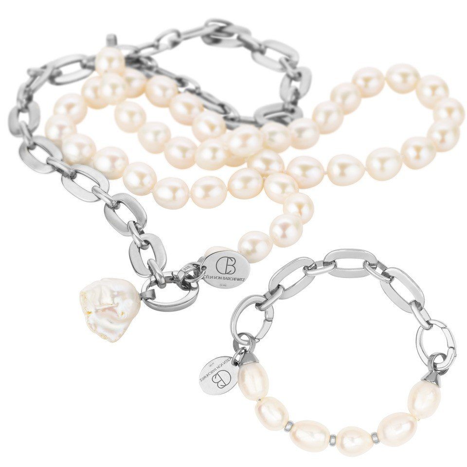 Célia von Barchewitz Ketten und Armband Set "SARAYU" ovale Süßwasser-Zuchtperlen mit Gliederkette (Armband und passende Perlen-Halskette), Kettenanhänger Barockperle austauschbar silber