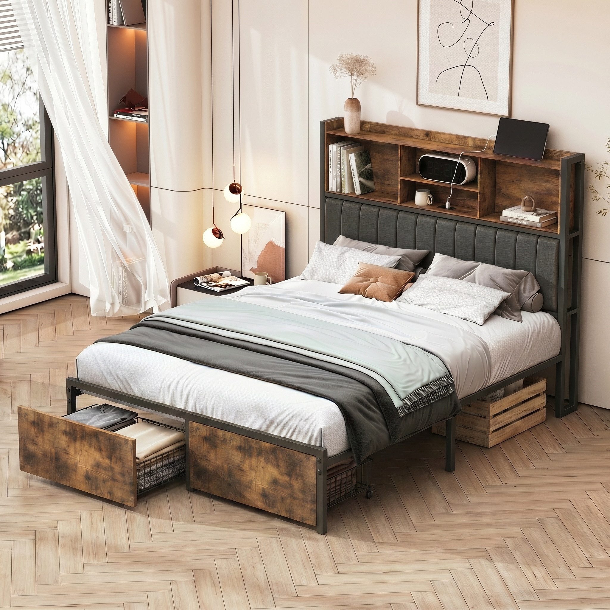 Simurq Bettgestell LED Stauraumbett 160x200 cm mit USB, Kopfteilregal und 2 Schubladen (Set, 1-tlg) (Doppelbett 160x200mit Lattenrost, ohne Matratze), Jugendbett,Schubladenbett,Industriebett,Metallbett