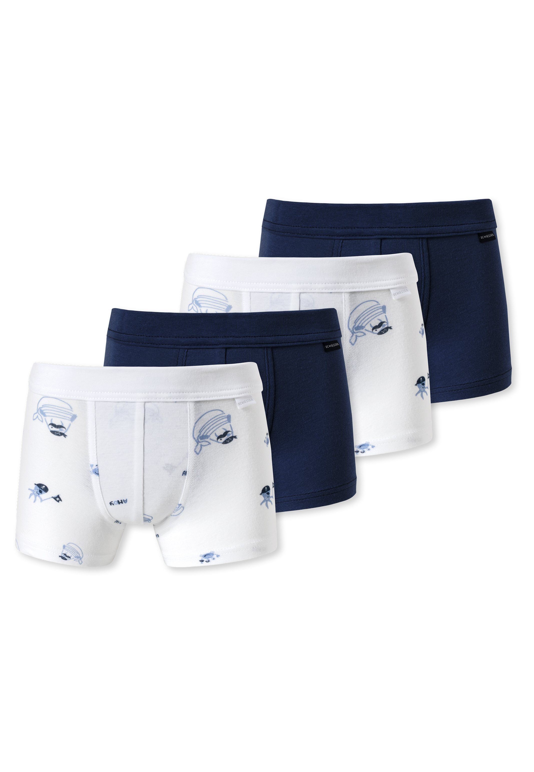 Schiesser Retro Boxer 4er Pack Kids Boys Feinripp Organic Cotton (Spar-Set, 4-St) Retro Short / Pant - Baumwolle - Extra breiter Softbund Dunkelblau / Weiß - 908 (FS23)