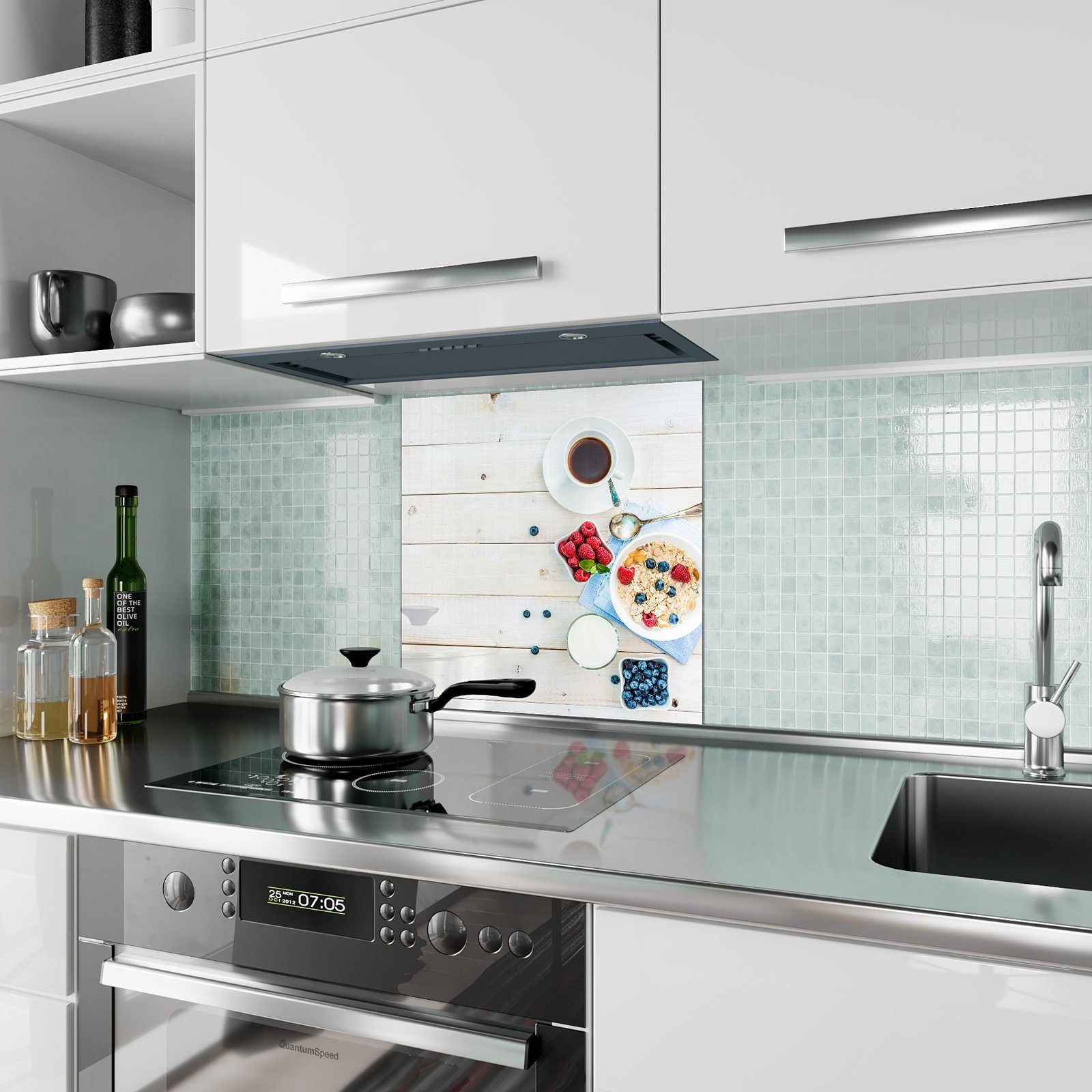 Küchenrückwand Motiv Kaffee Spritzschutz mit Küchenrückwand Müsli Primedeco und Glas