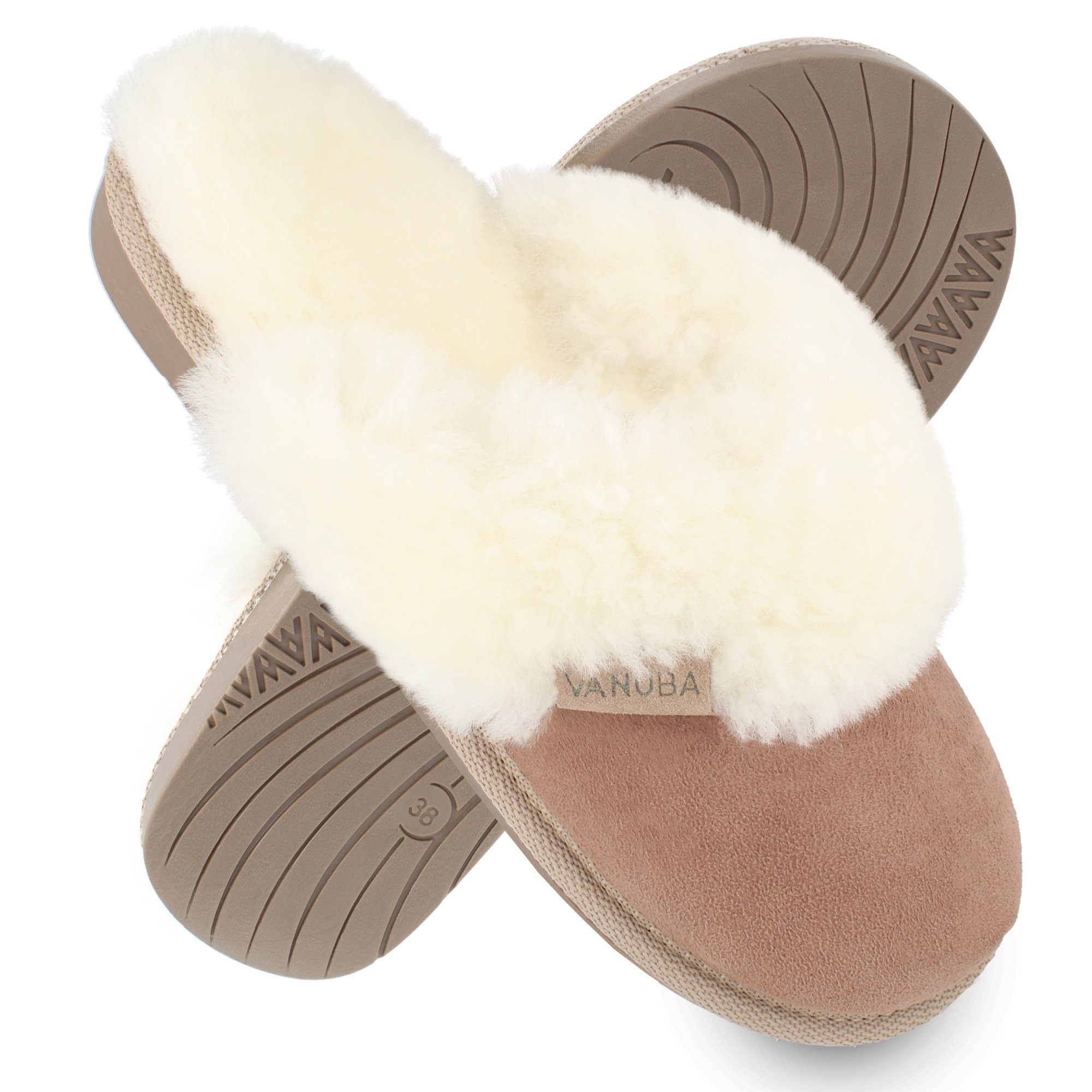 Vanuba CASHMERE I Damen Echtleder Hüttenschuhe/Winter-Hausschuhe/Gefüttert Beige/Weiß Hausschuh