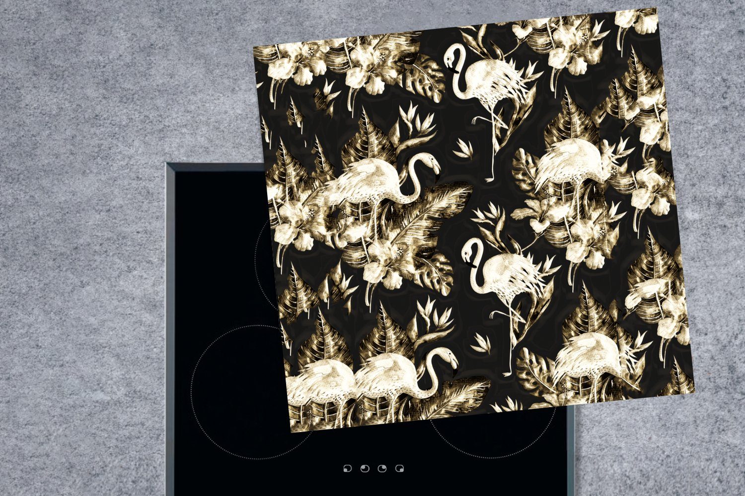 Vinyl, - MuchoWow Arbeitsplatte Muster, küche für Herdblende-/Abdeckplatte tlg), - - (1 Blumen Gold 78x78 Flamingo Ceranfeldabdeckung, cm,