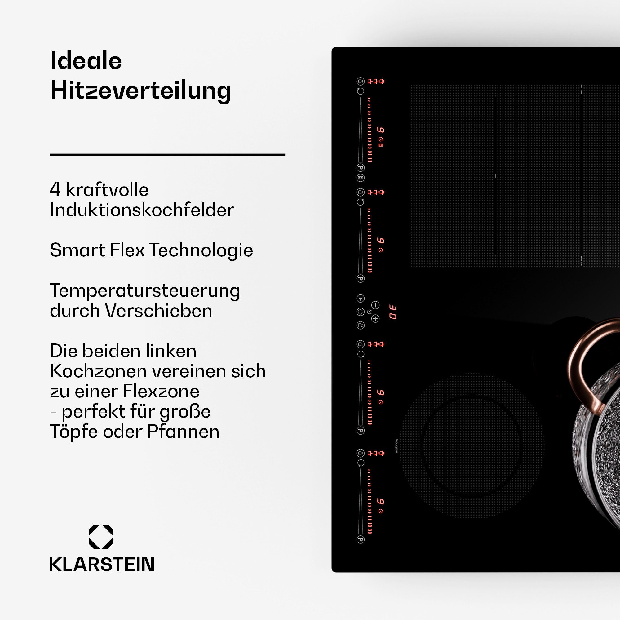 Klarstein Induktions-Kochfeld Masterzone CP14-Mstrzone-60H-BK, Kochfelder Induktion Hob Gas Hob Flex 4 Zonen