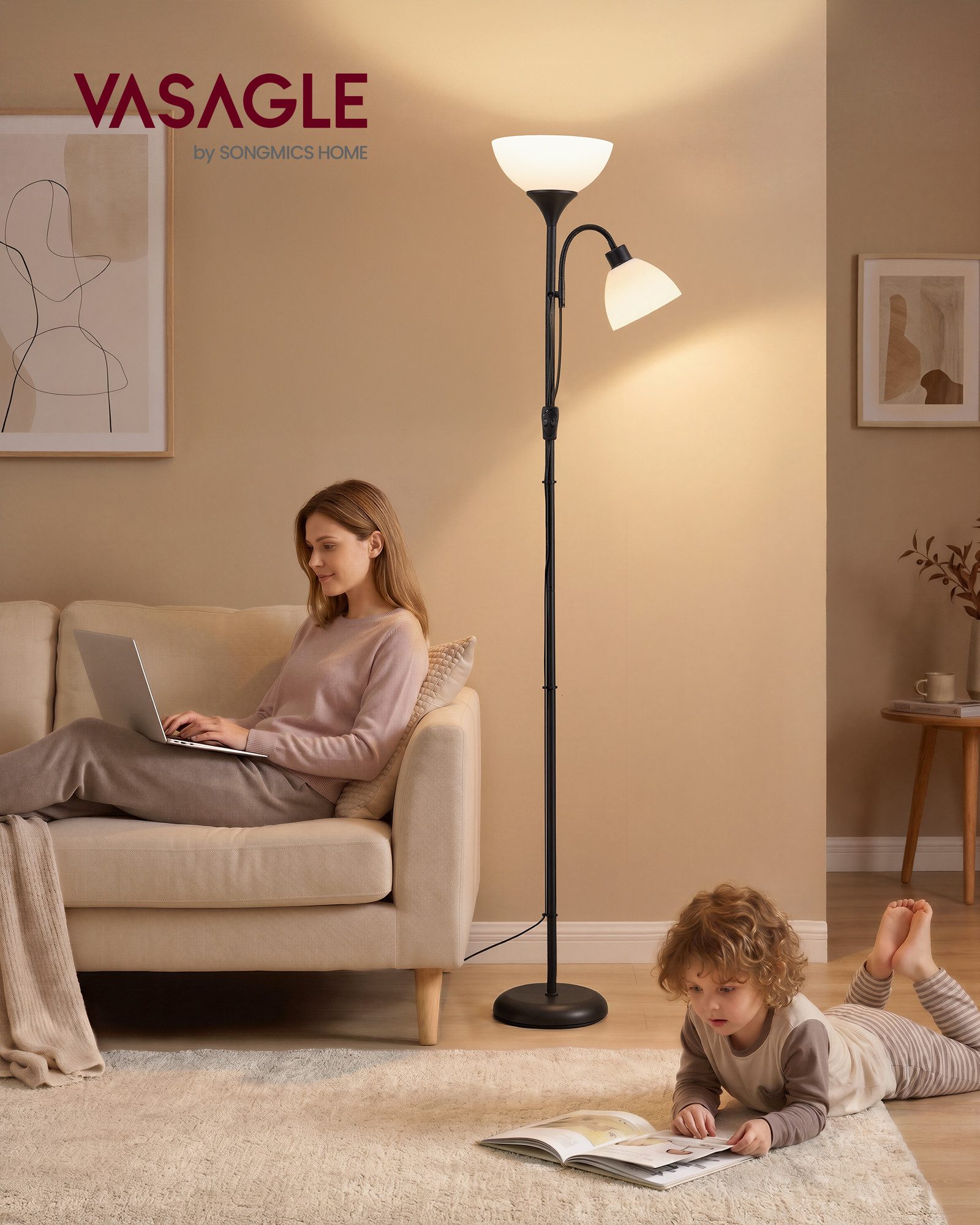 VASAGLE Stehlampe Deckenfluter mit Leselampe, 1,76 m Standleuchte mit verstellbarem Lesearm, Stehleuchte