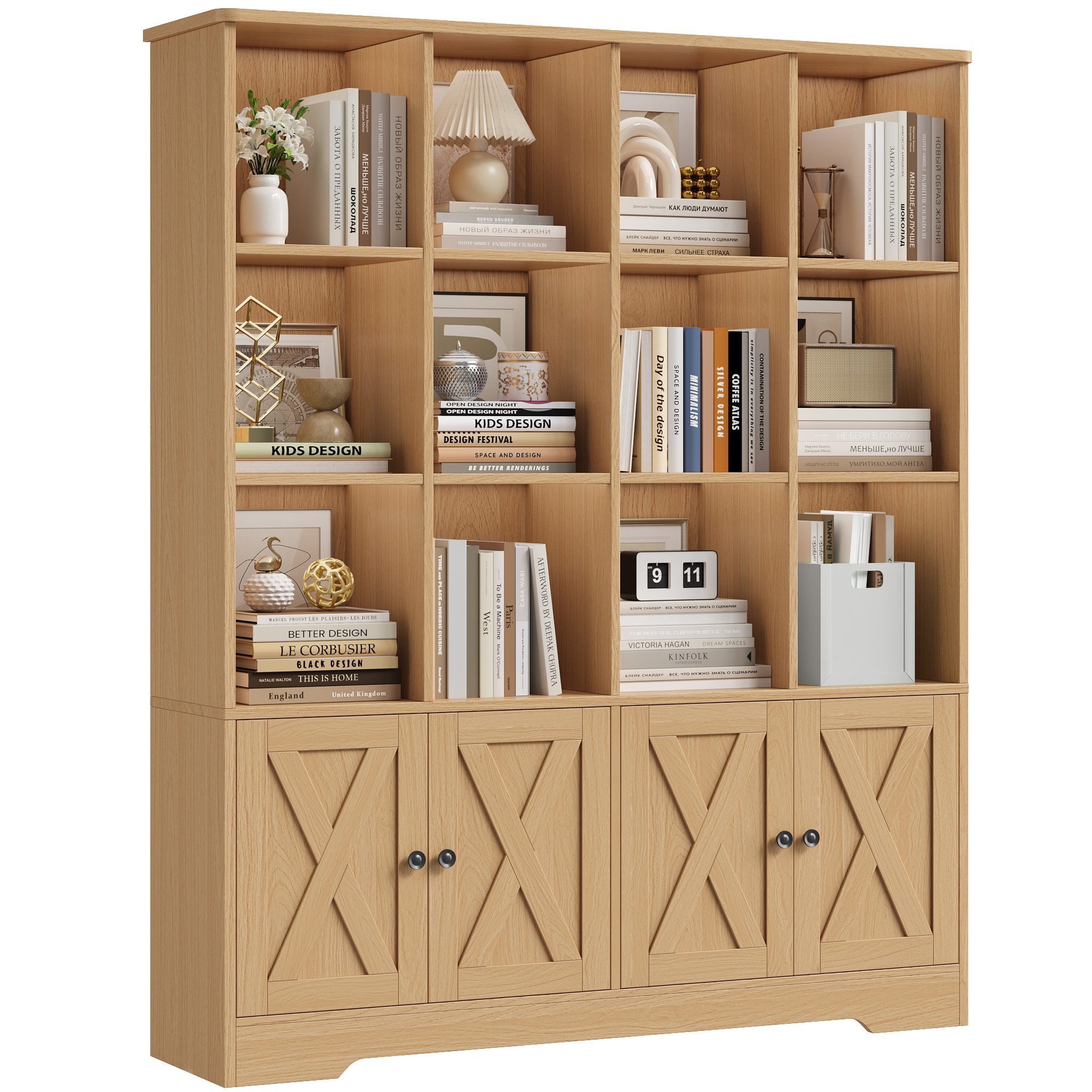 Homfa Bücherregal Standregal Bücherschrank für Kinder und Jugendliche, Bücherregal mit 12 offenen Fächern und 4 Türen Holz 144,8x121x29,8cm