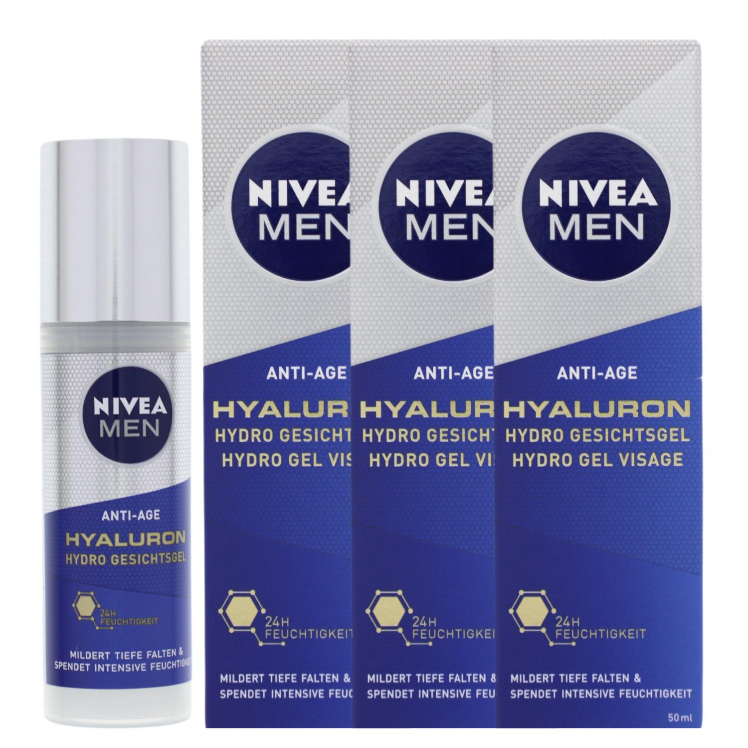 Tagescreme 3 x NIVEA MEN Anti Age Hyaluron Hydro Gesichtsgel je 50ml Mildert Tief