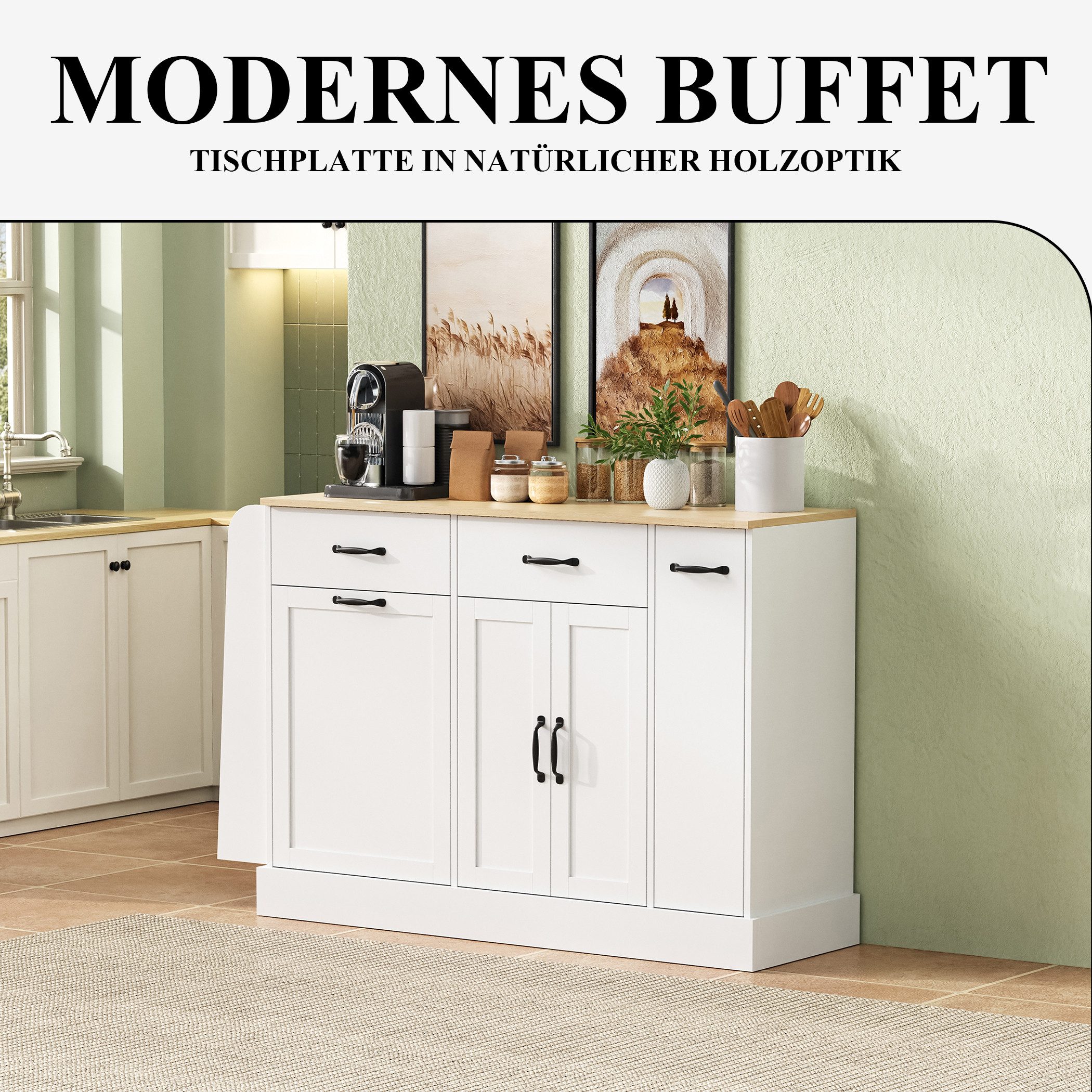 SeedWave Buffet 126cm Anrichte Küche Sideboard mit Ausziehbarem Abfallhälterfach Küchenschrank inkl. Gewürzboard & ausziehbare Regale