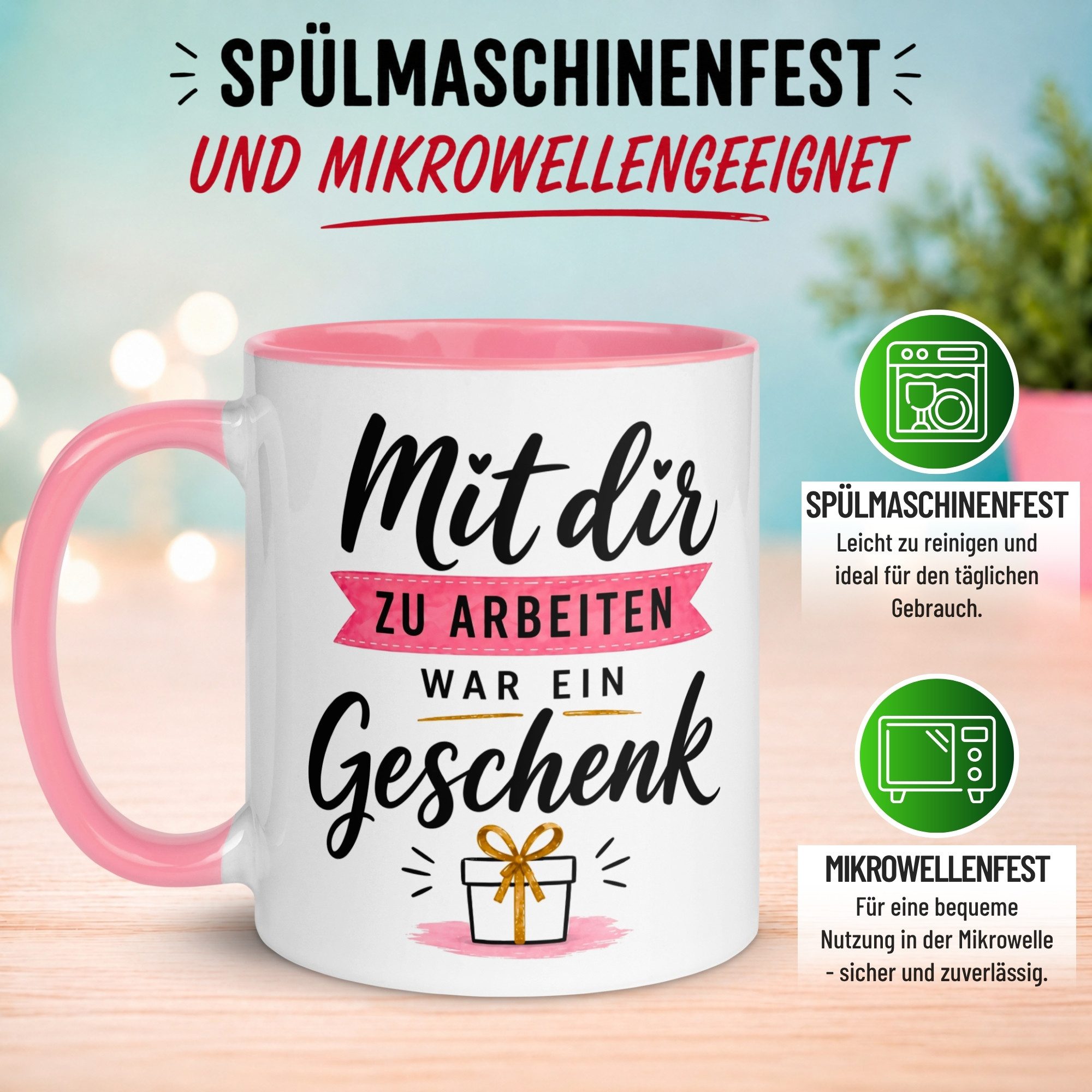 Momentals Tasse Abschiedsgeschenk Kollegin – „Mit dir zu arbeiten war ein Geschenk“, Gratis Versand · Links-&Rechtshänder · Spülmaschinenfest – Bild 5 von 5
