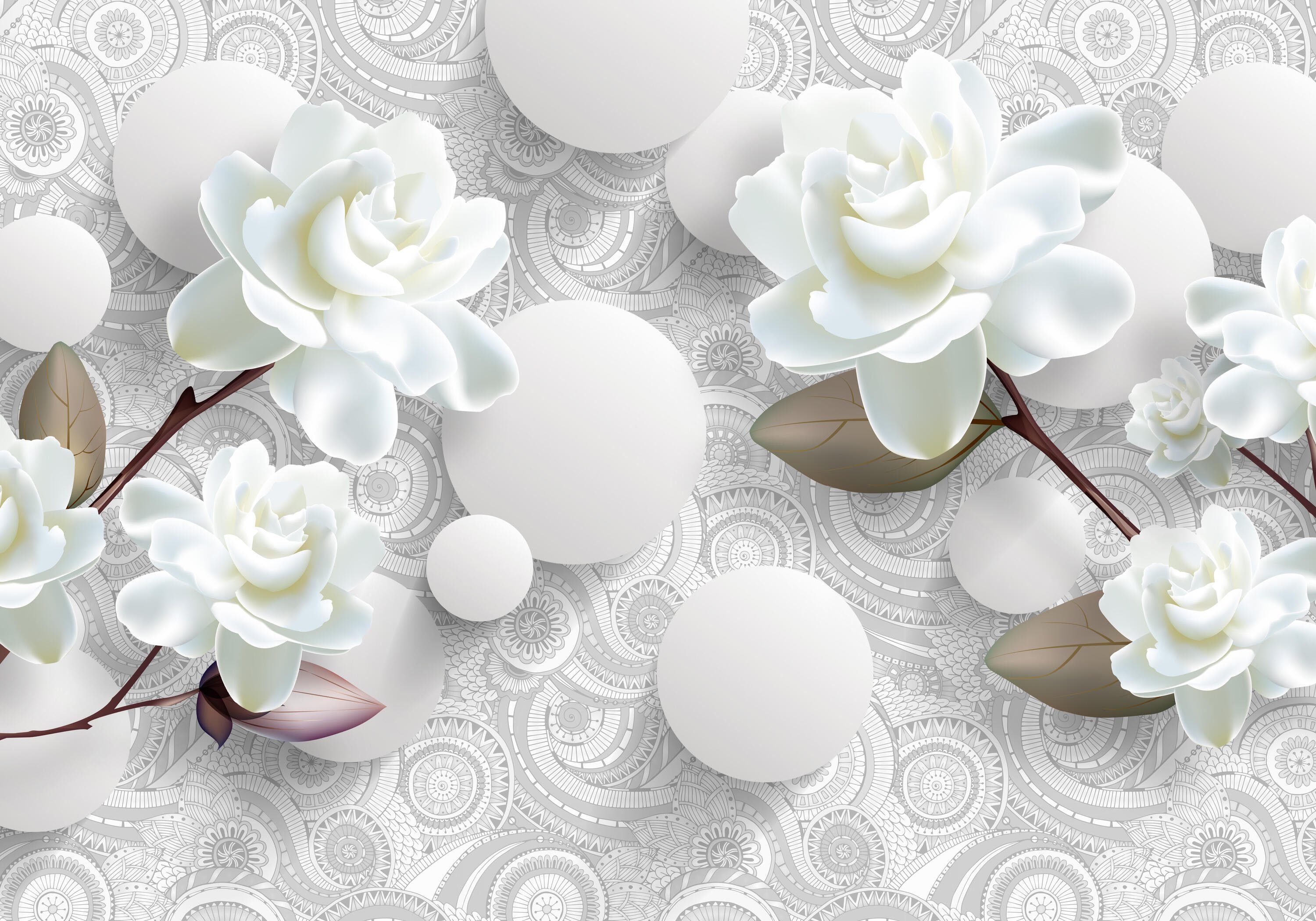 wandmotiv24 Fototapete Blumen 3D Optik Kreise weiß, glatt, Wandtapete, Motivtapete, matt, Vliestapete