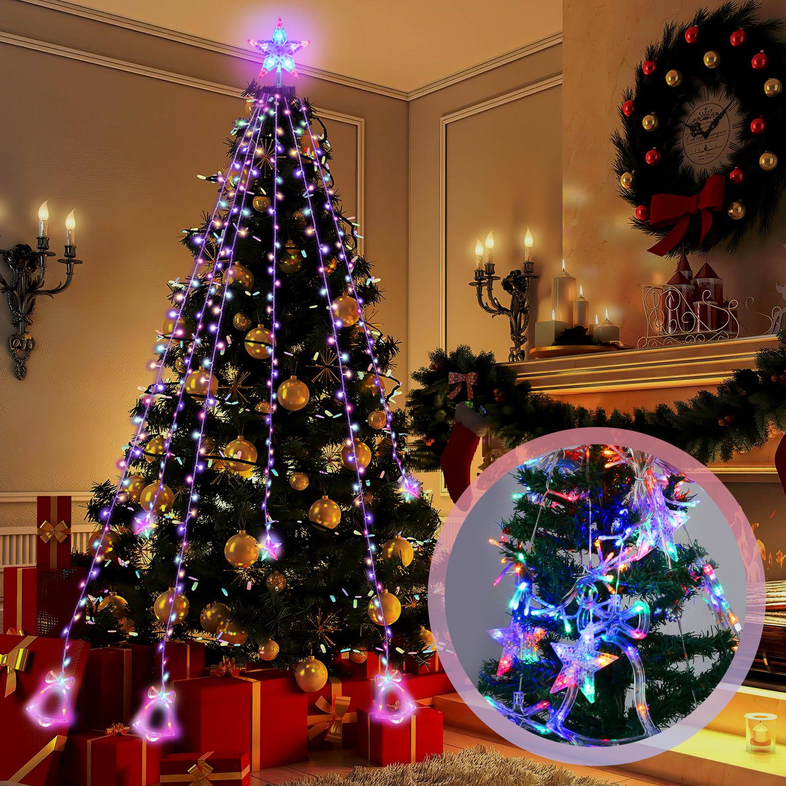 Clanmacy LED-Lichterkette 200/280 LEDs Weihnachtsbaum Christbaumbeleuchtung mit Ring Tannenbaum