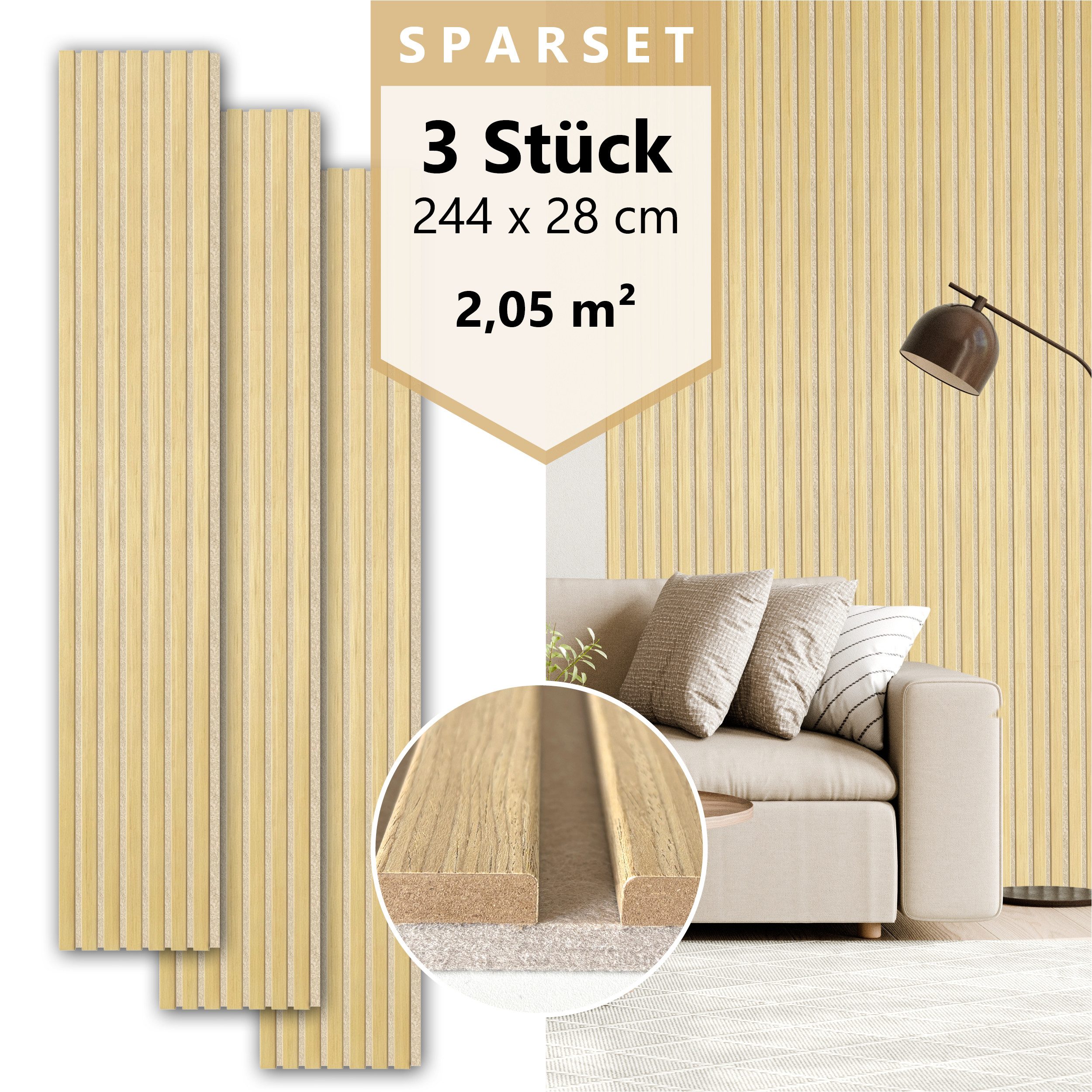 SONIDO Wandpaneel Sparset XL Premium Akustikpaneele mit Eiche Echtholzoberfläche, BxL: 28x244 cm, 0,68 qm, (Sparset mit 2, 3 oder 4 Paneelen, 3-tlg., Versandkostenfreie Lieferung) MDF Lesiten auf beigem Akustikfilz, dreifach ummantelt