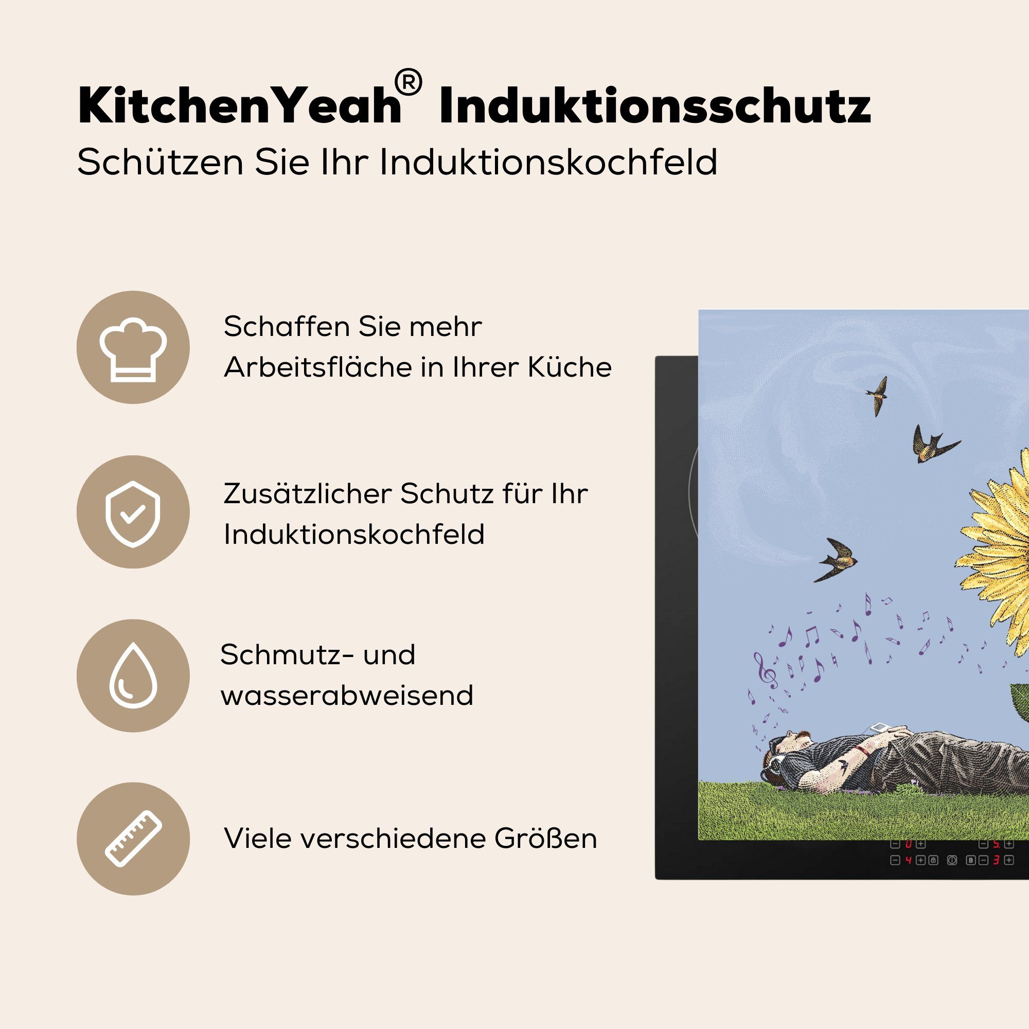 Vögel, tlg), (1 Vinyl, Illustration küche Ceranfeldabdeckung, Arbeitsplatte MuchoWow cm, 78x78 - - für Herdblende-/Abdeckplatte Sonnenblume