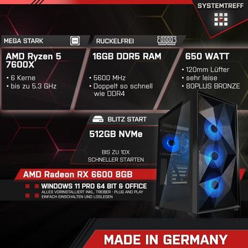 SYSTEMTREFF Basic Gaming-PC (AMD Ryzen 5 7600X, Radeon RX 6600, 16 GB RAM, 512 GB SSD, Luftkühlung, Windows 11, WLAN)
