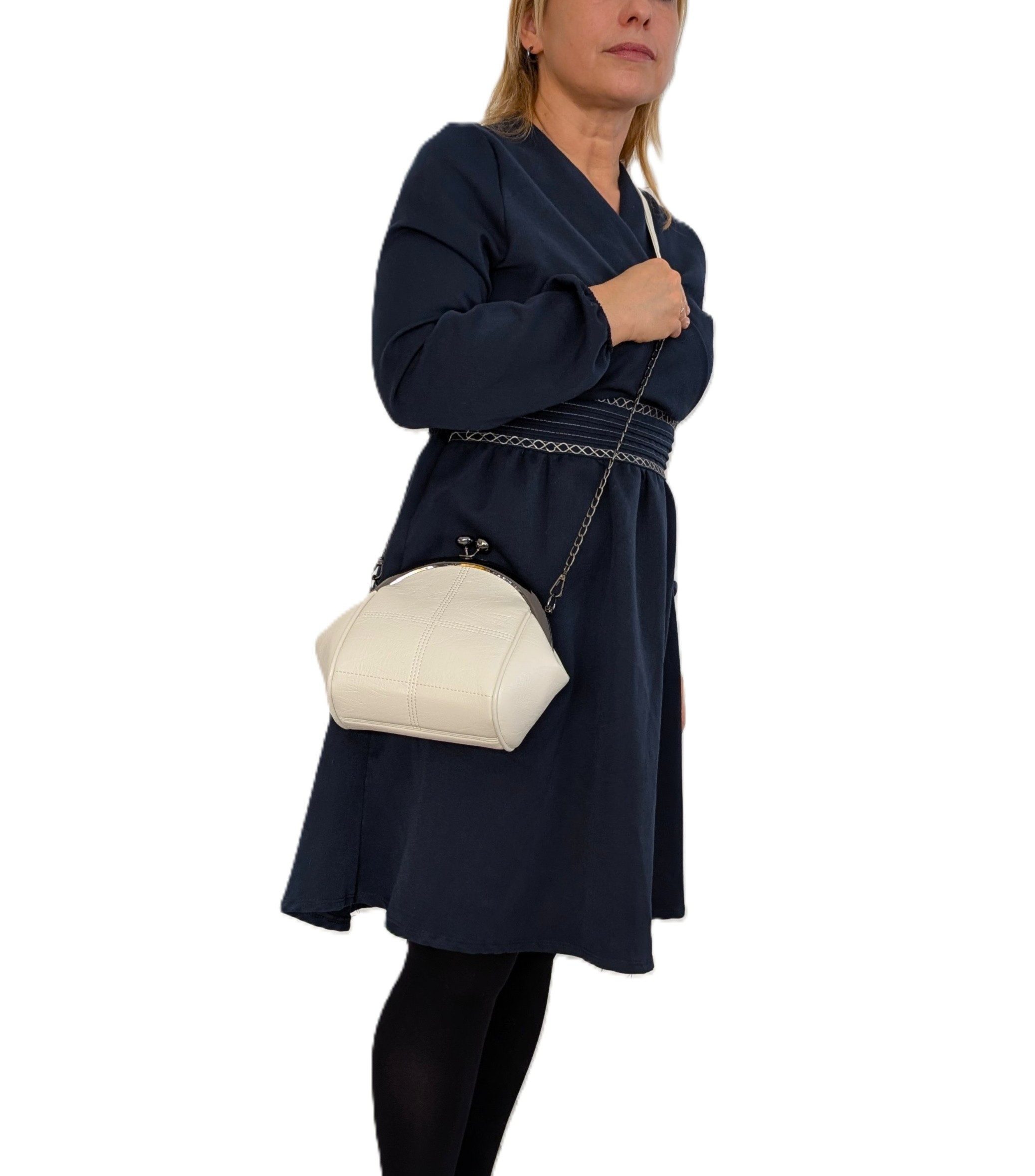 Mera Vellon Handtasche Damen Schultertasche "Varela" Umhängetasche mit Clipverschluss, Veganes Leder mit praktischem Clipverschluss